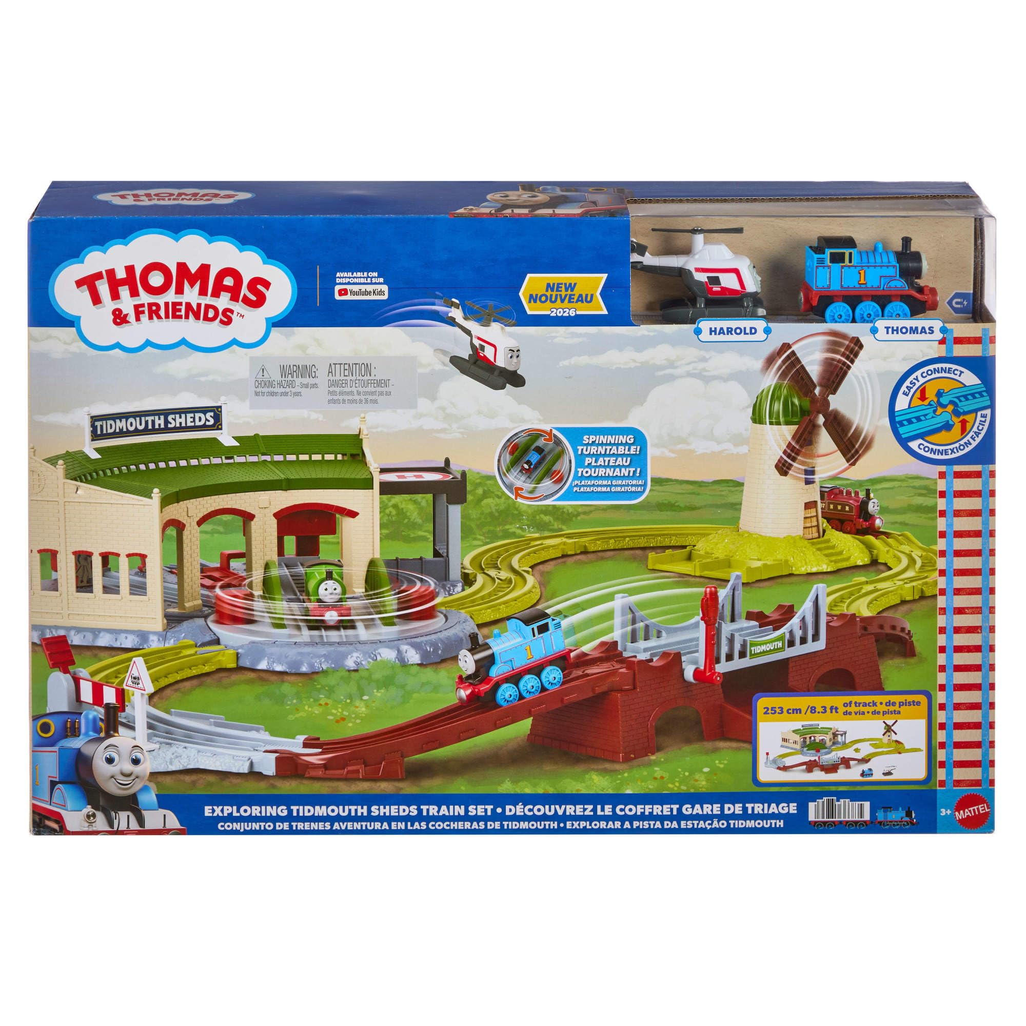 Fisher-Price Thomas y Sus Amigos Conjunto de Trenes de Juguete, Aventura en Las cocheras de Tidmouth con una Locomotora Thomas y Harold el helicóptero, Incluye Plataforma giratoria, JRW06