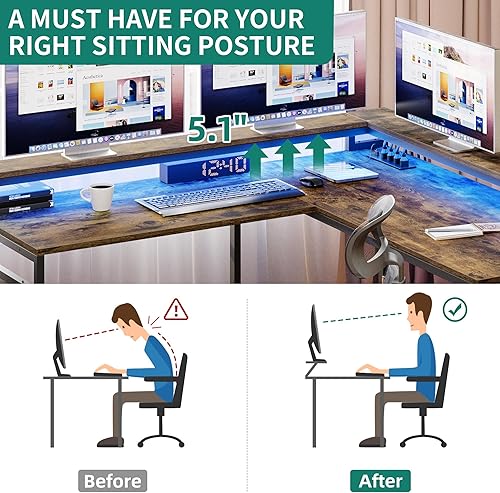 Miniatura 6 de DWVO Escritorio en forma de L con cajones y gabinete, escritorio reversible para computadora con tomas de corriente y luces LED, escritorio de