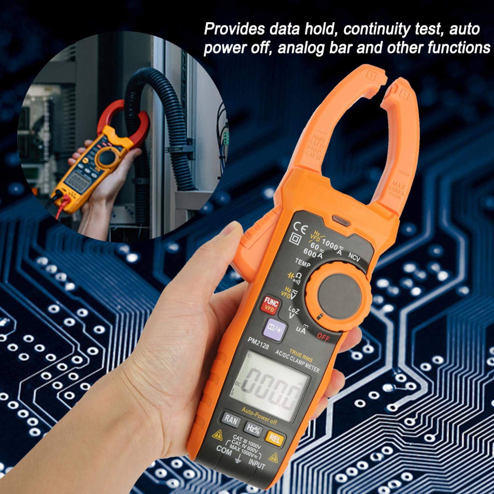Pinza amperimétrica, portátil 1000A Pinza amperimétrica PM2128 Multímetro Pantalla LCD digital Pinza amperimétrica Voltaje CA/CC Medidor de corriente Pantalla retroiluminada con linterna