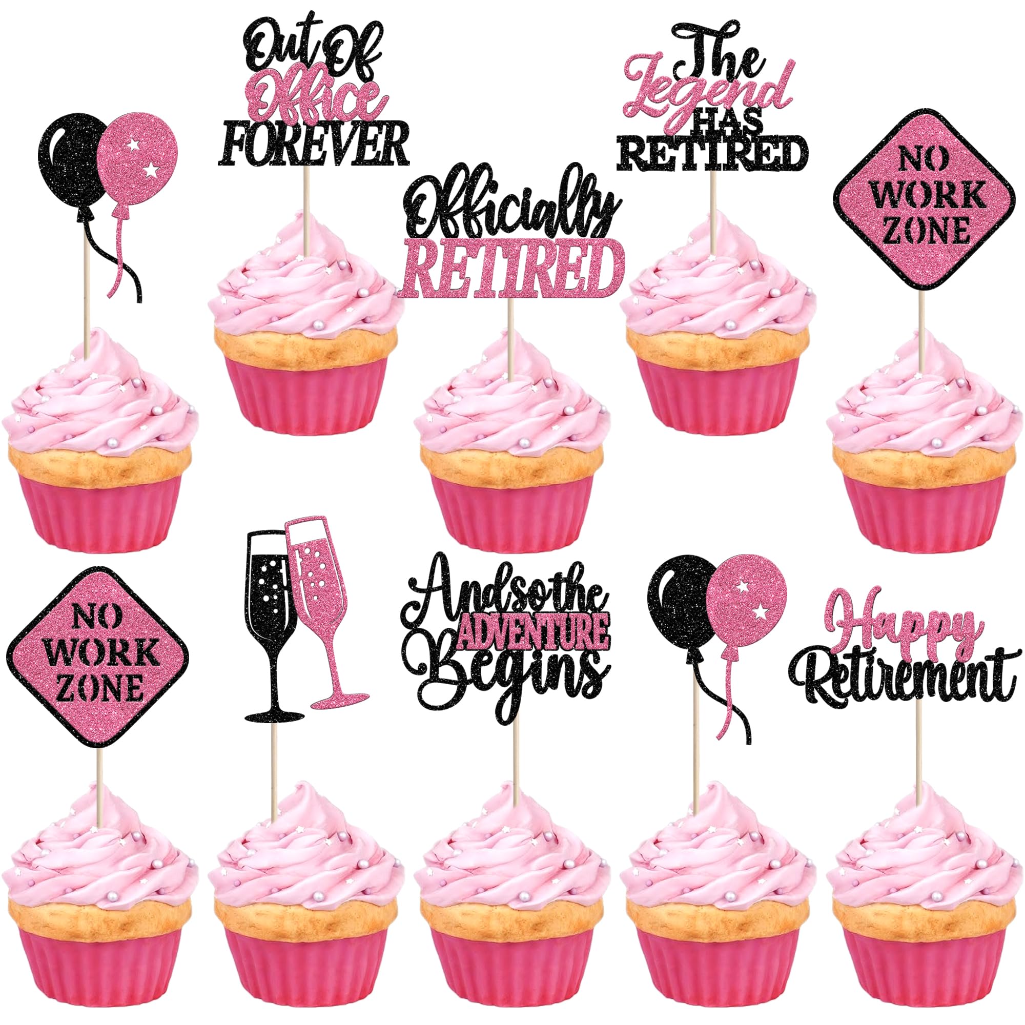 24 Pack Happy Retirement Cupcake Toppers Out Of Office Forever No Work Zone Cupcake Picks The Lagend Has Retired Cupcake Decorations for Officially Retired Party Cake Decorations Black Pink