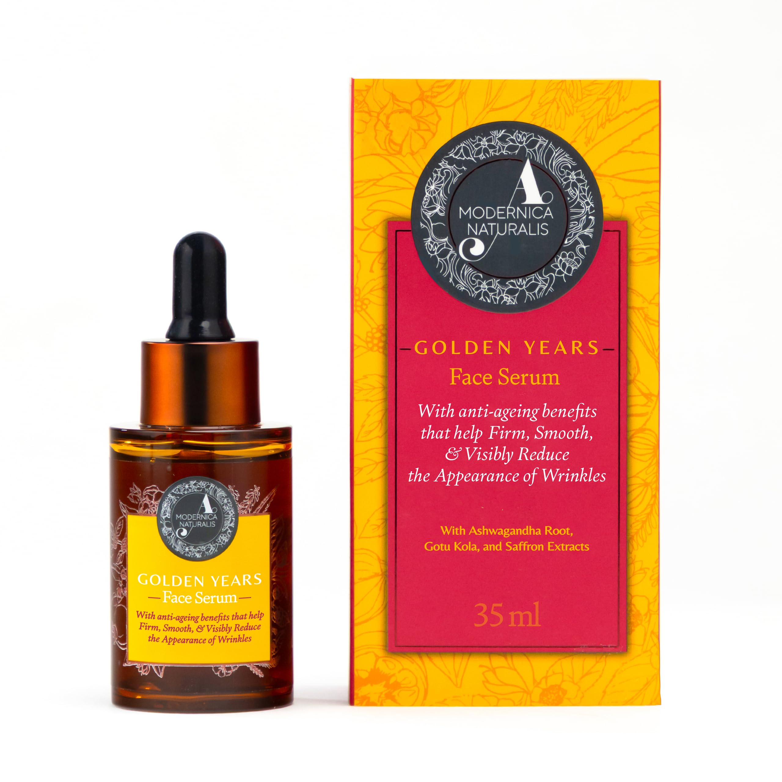 A.Modernica Golden Years Gesichtsserum | Hilft das Erscheinungsbild von Pigmentflecken, Altersflecken und feinen Linien zu verbessern | Mit Ashwagandha, Safran & Niacinamid | Dermatologisch getestet |
