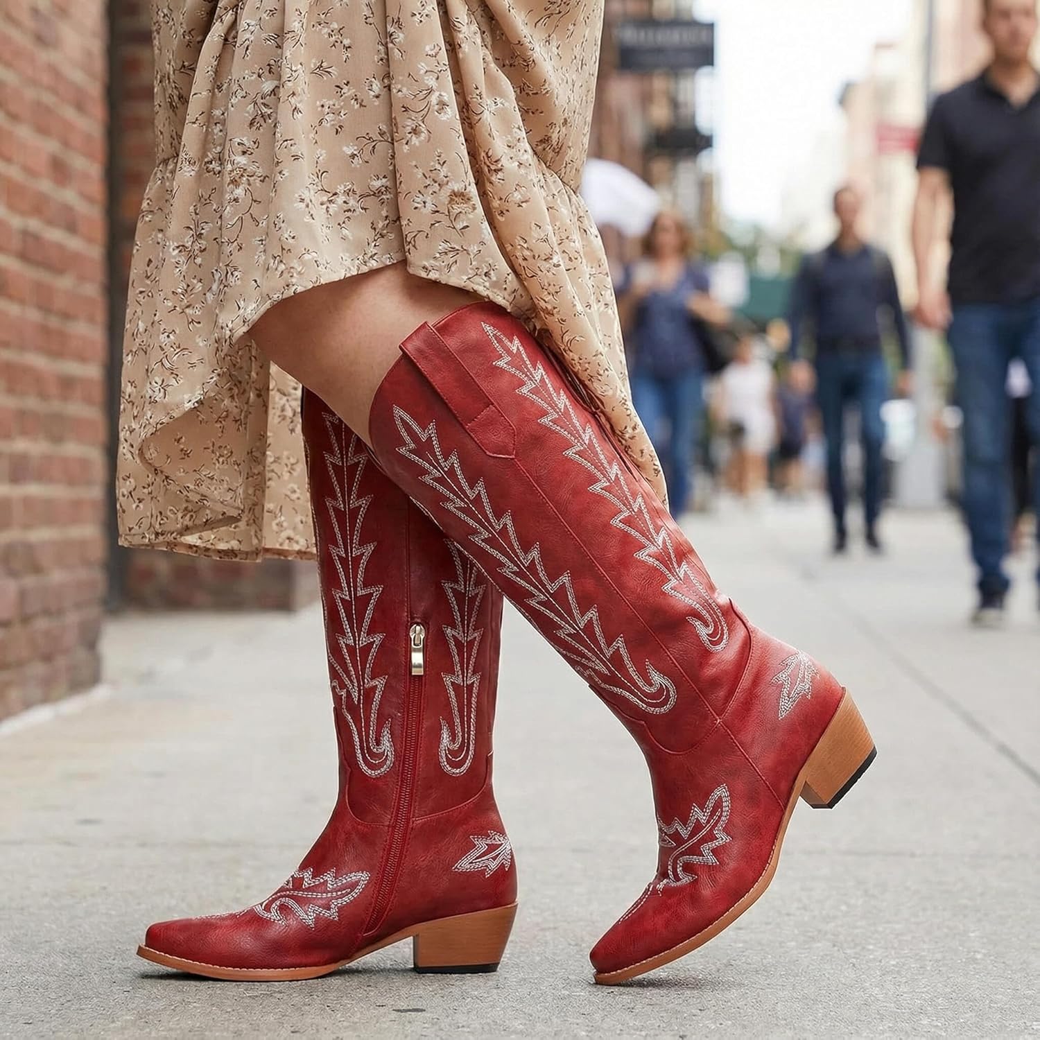 Uillnoodu Wide Calf Cowboy Boots Women Knee High Tall Western Cowgirl Boots Adjustable Lace Up Plus Size Comfortable 2-Inch Heel