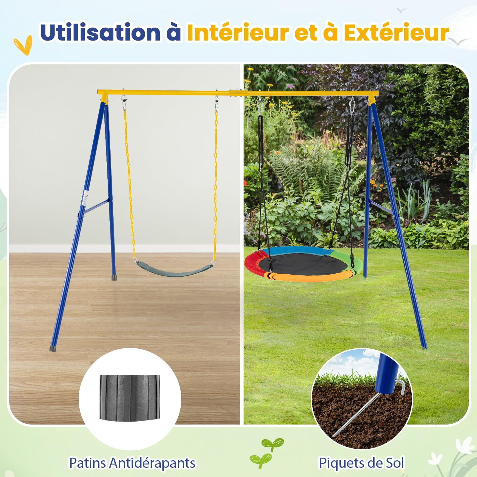 DREAMADE Portique de Balançoire Extérieur 1,8M, Structure Métallique en A pour Enfants 3+, 2 Place, Charge Max 300 KG(Jaune)