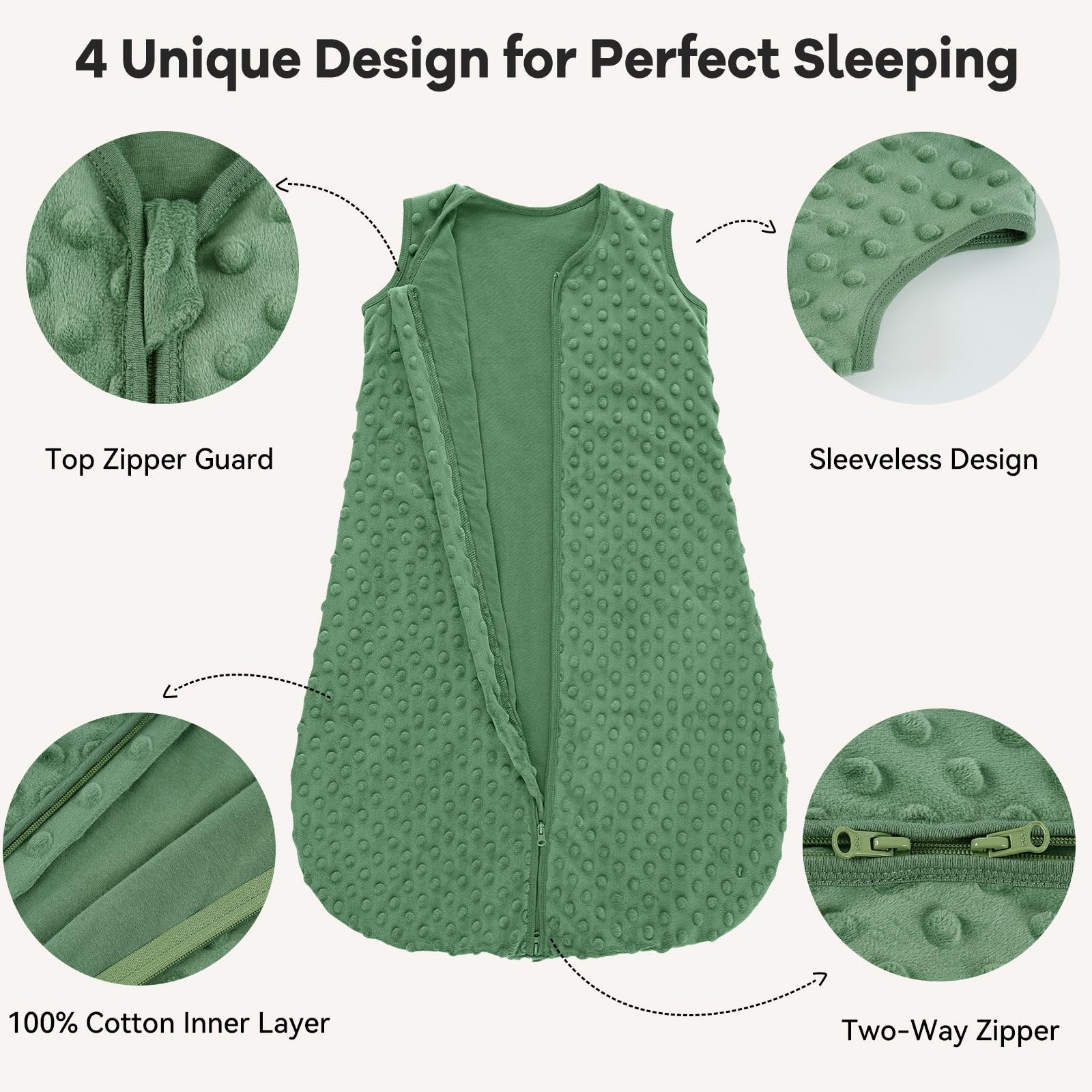 Unnivoll Baby Sleeping Bag 1.5 Tog with Plush Dots Sleep Bag 2 Pack Baby Sleep Sack Wearable Blanket for Newborn Infant 6-12 Months Blue&Green — view 3