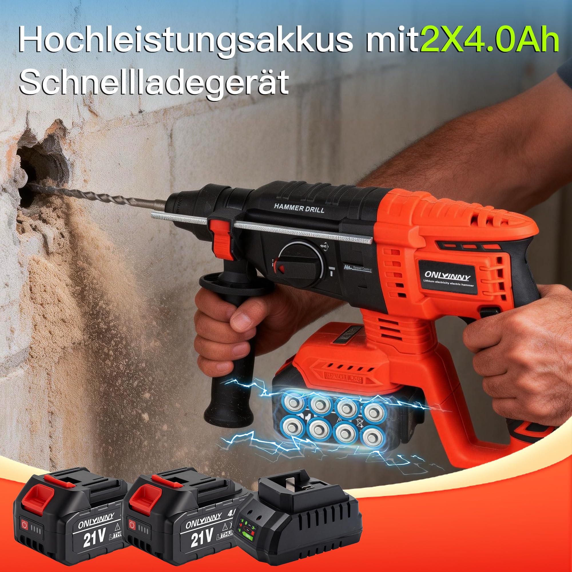 Akku Bohrhammer SDS Plus, Bürstenloser Motor Schlagbohrmaschine mit 3-in-1 Modus (Hammerbohren/Meißeln/Bohren), Kompatibel mit Makita 18V Akku, 4.0Ah 2x Akku Ladegerät im Koffer