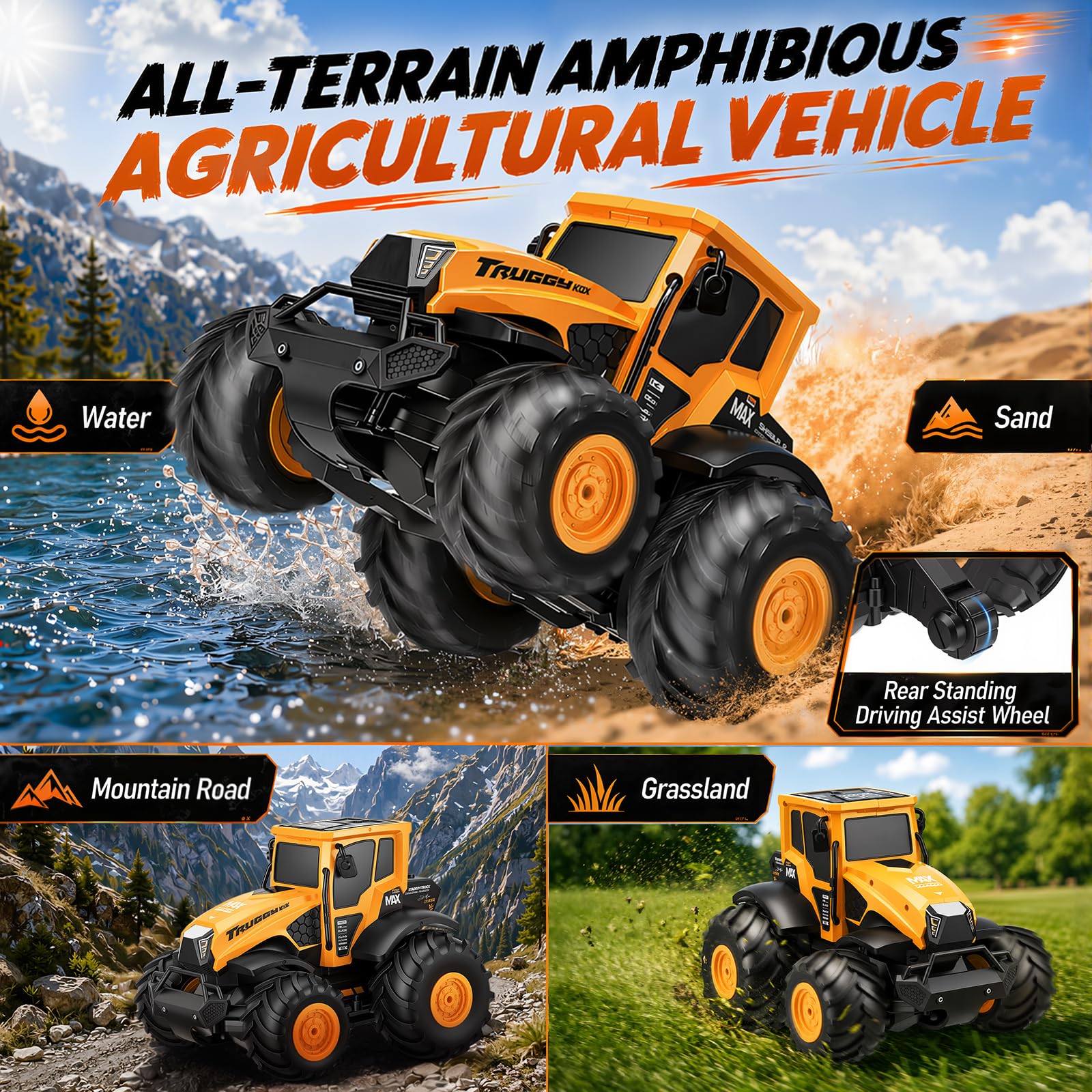 Macchina Telecomandata, Auto Radiocomandata Fuoristrada da Esterno | Monster Truck Telecomandato Anfibio IPX7, Auto RC 15 km/h, 2 Batterie 80 Min, Rotazione 360°, Idea Regalo Bambino