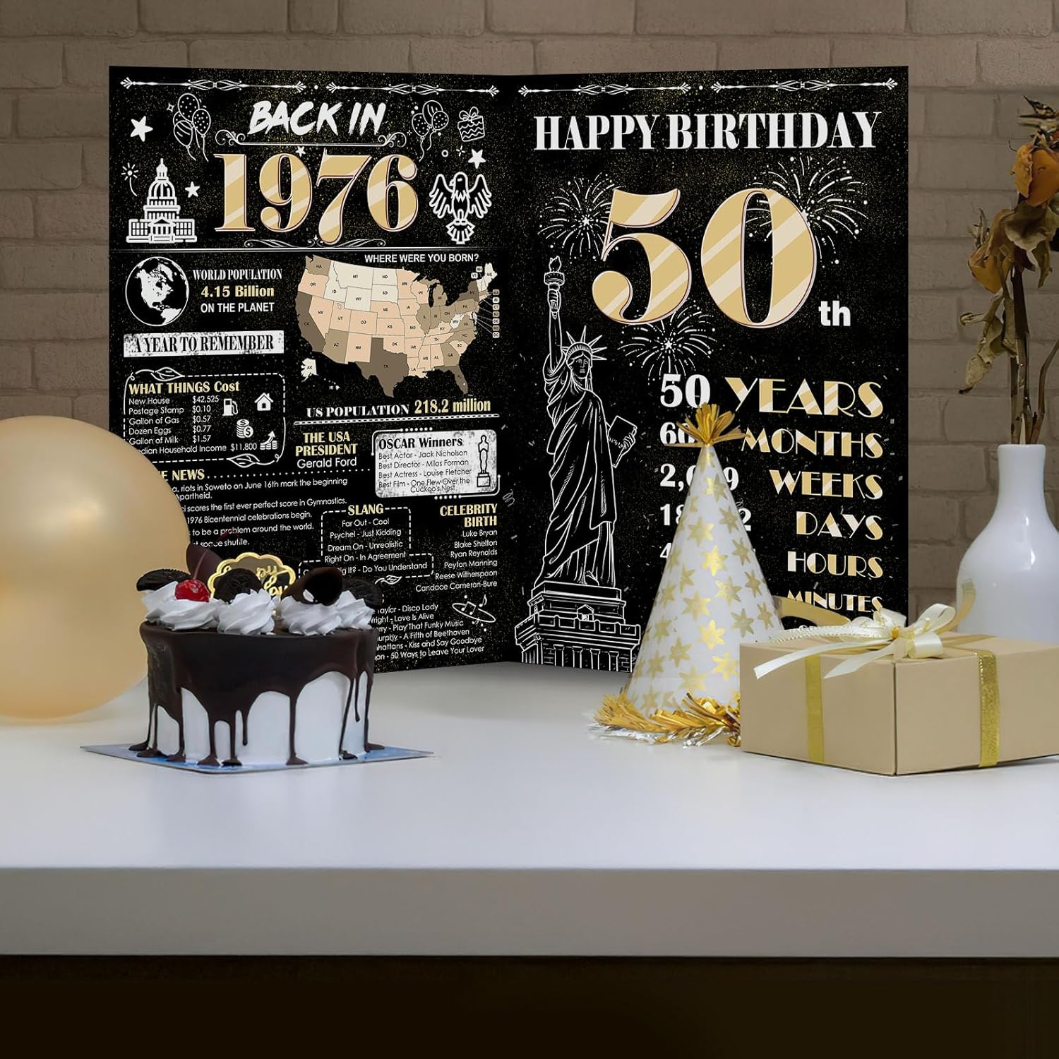 Large 50th Birthday Card With Envelope, Jumbo Happy Birthday Cards for Men Women, Black Gold Giant Guest Signature Book, Back in 1976 Big Vintage Greeting Card Decoration Bday Gift Party Supplies - Image 4