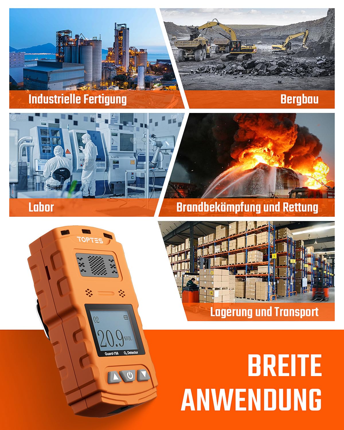 TopTes Guard-756 Sauerstoffdetektor, 0-30% VOL, Tragbarer O2-Monitor, 0,5 s Reaktion, Wiederaufladbar, mit Vibrations-, Licht- & Tonalarmen, Staub- und Explosionsgeschützt, für Arbeit und Zuhause