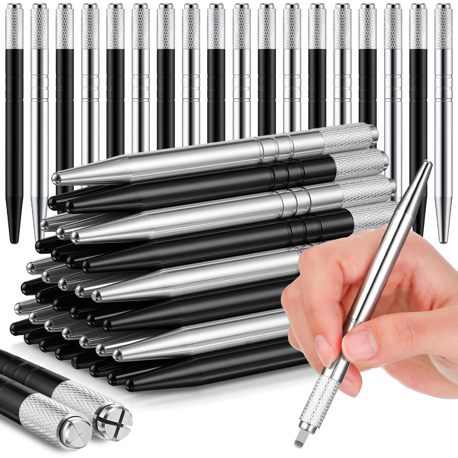 Gisafai Microblading-Stift, manuelle Augenbrauenstifte, Microblading-Stift, Microblading-Werkzeughalter, Aluminium, Microblading-Handwerkzeuge für Make-up-Zubehör, Salons, 50 Stück (Silber, Schwarz)