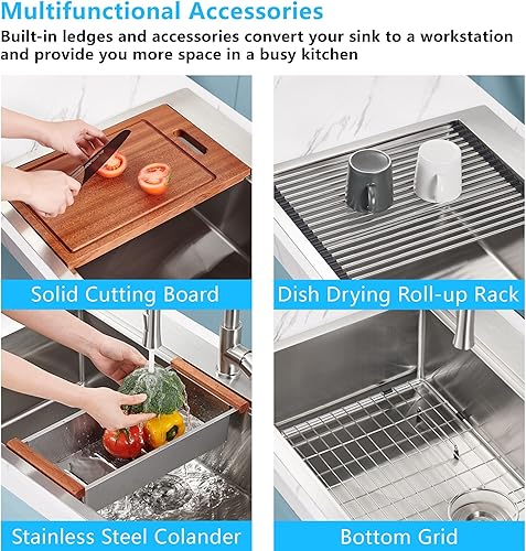 Miniatura 4 de Hausinluck Fregadero de cocina de 28 x 22 pulgadas, fregadero con estación de trabajo, fregadero de cocina de acero inoxidable de calibre 16 con