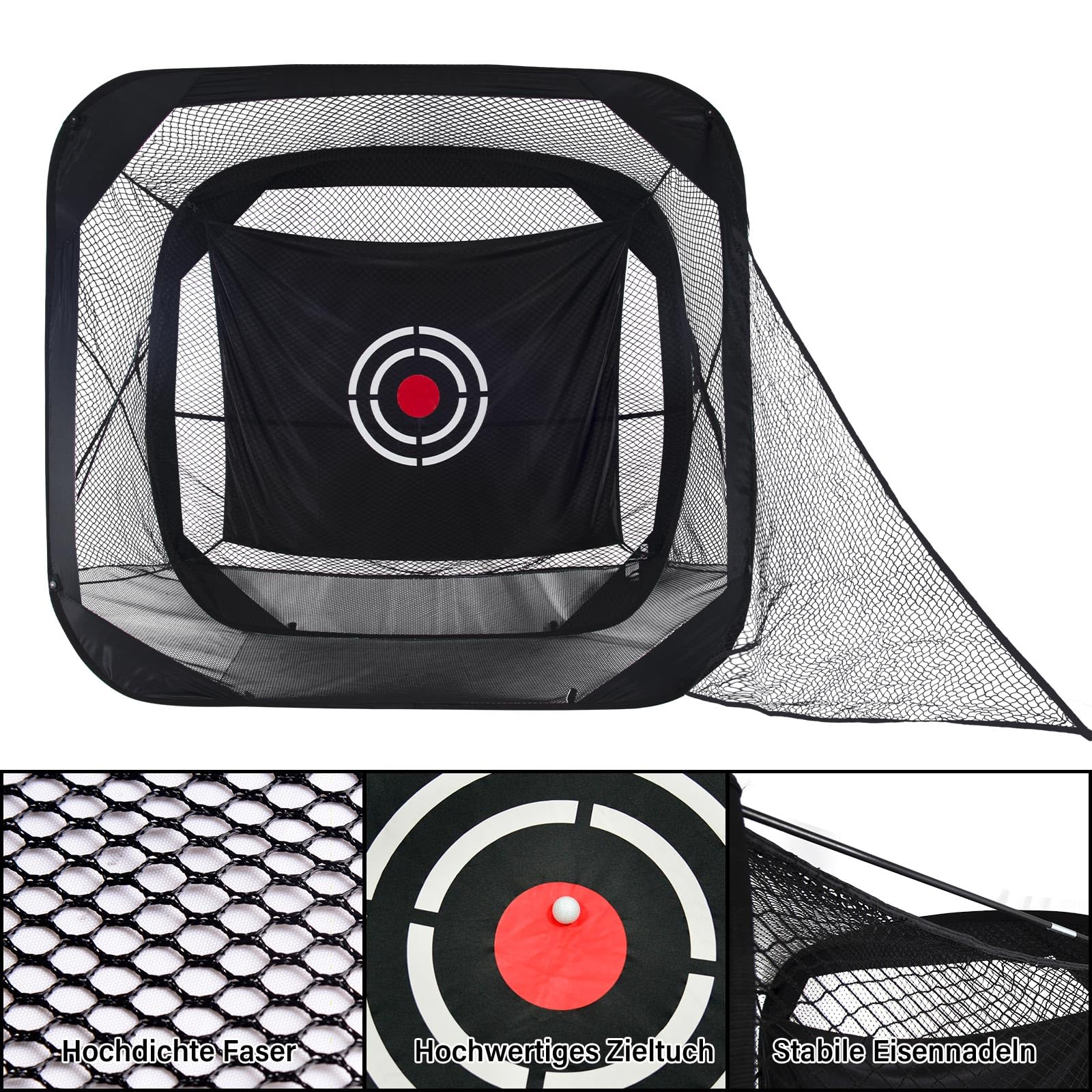 Golfnetz 210x120x210 cm: Golf Übungsnetz mit flexiblem Flachstahlrahmen, Glasfaserstäben und merzerisiertem Zieltuch