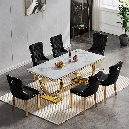 Miniatura 3 de Juego de mesa de comedor de mármol sintético, 7 piezas, juego de mesa de cocina y comedor para 6, mesa de comedor rectangular blanca de 70 pulgadas