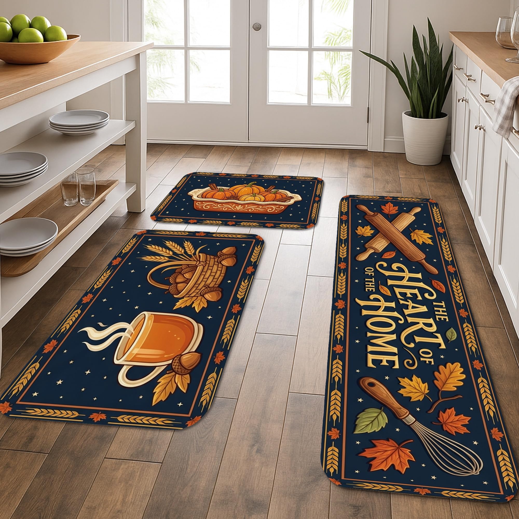 Tapis de cuisine lot de 3 motif citrouilles bleu marine pour évier et entrée