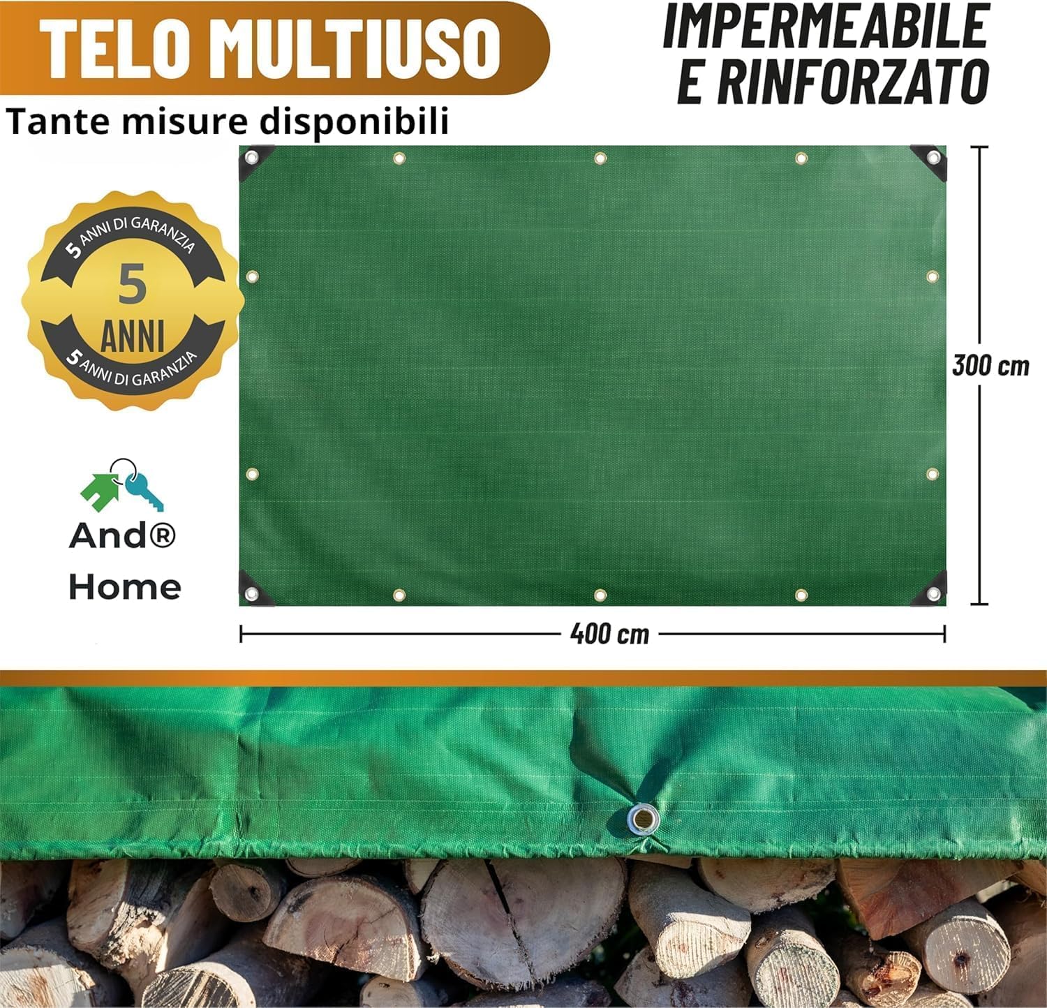 Telo/Telone Impermeabile Esterno - 6x10 METRI - ANTISTRAPPO - DURABILITA' 5 ANNI, Telo Copritutto Senza Elastici Inclusi, Telone Occhiellato Rinforzato, Verde, 130gr/mq