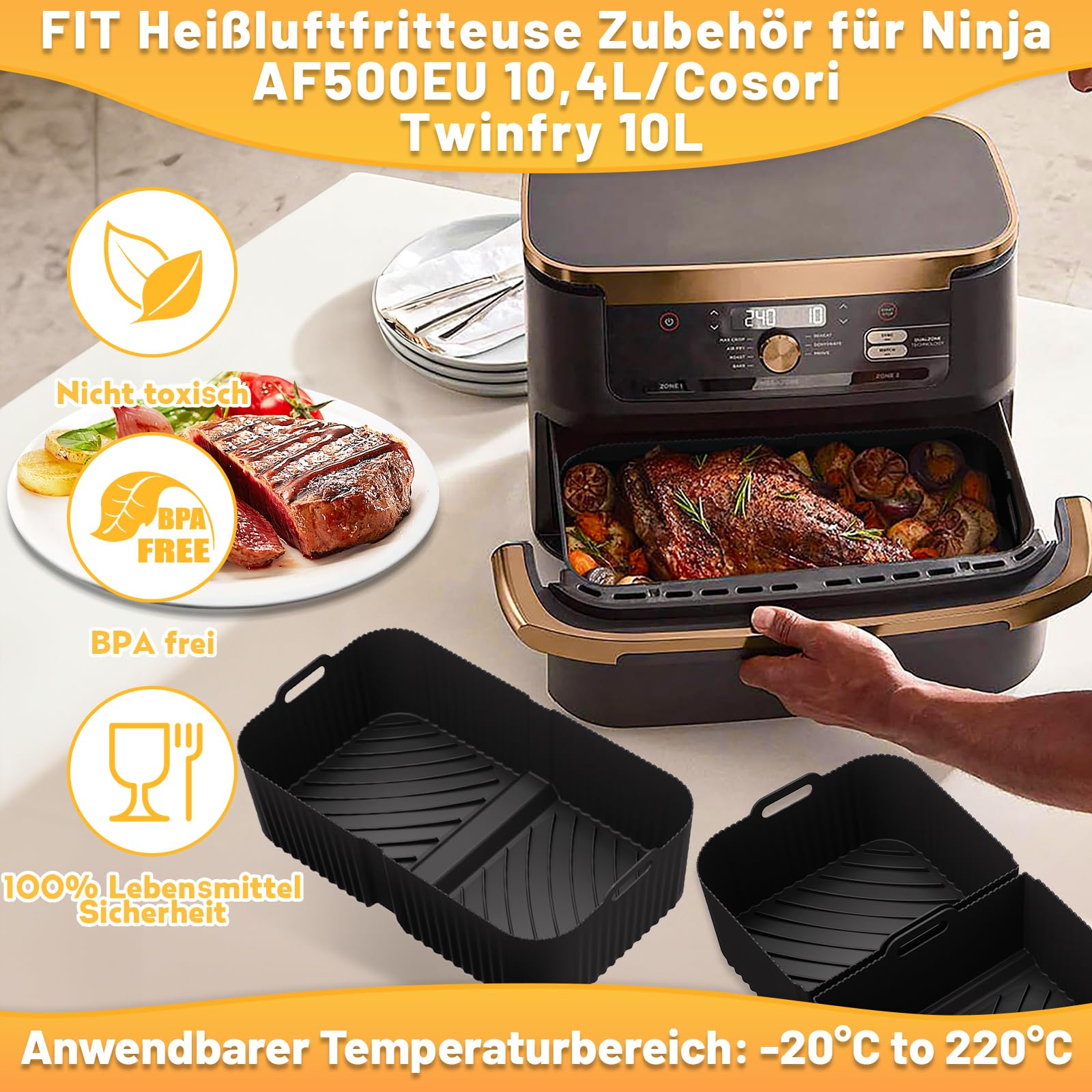 Heißluftfritteuse Zubehör für Ninja Foodi Flexdrawer 10,4L AF500EU, Airfryer Zubehör COSORI 10L Silikonform, Airfryer Silikon Einsatz mit Weiteres Dual Ninja Airfryer Zubehör
