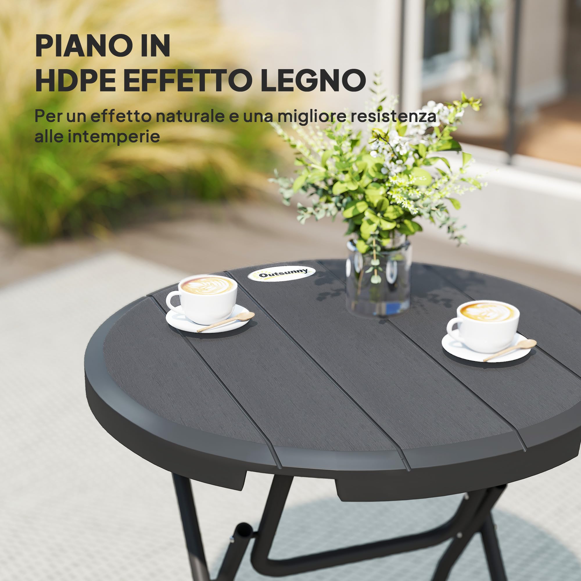 Outsunny Tavolo da Giardino Rotondo Pieghevole Ø80x73 cm Grigio Scuro | Tavolino da Pranzo, per 4 Persone, per Terrazzo e Balcone, in Acciaio e Plastica HDPE