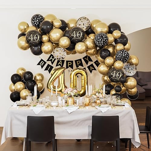 Miniatura 3 de Decoraciones de 40 cumpleaños para hombres y mujeres, globos negros y dorados de 40 cumpleaños con pancarta de feliz cumpleaños, globos negros y
