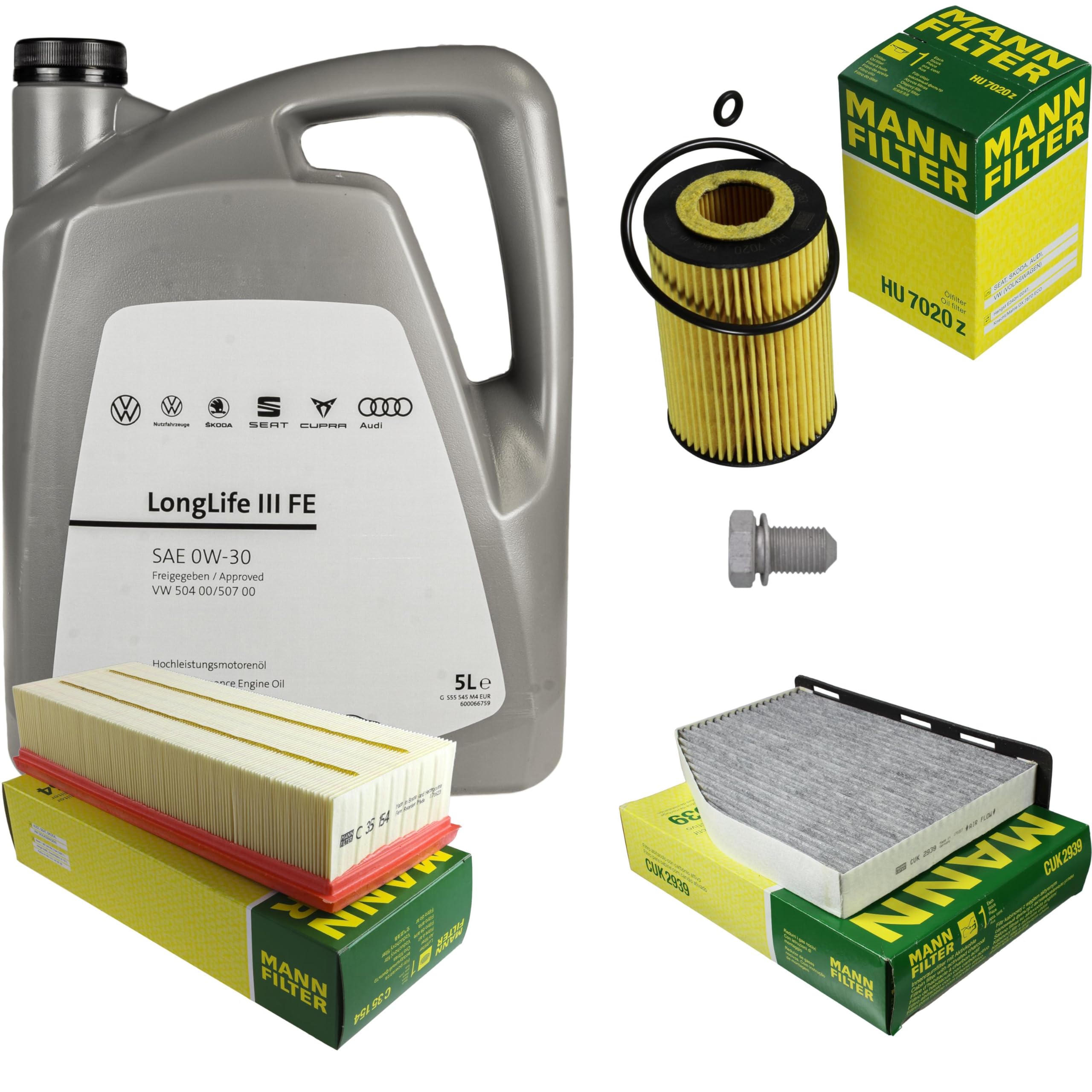 Pacchetto di ispezione pacchetto di manutenzione filtro con 5 l 0W-30 olio motore LongLife 3 FE, filtro dell'olio, filtro dell'aria abitacolo (carbone attivo) vite di scarico dell'olio