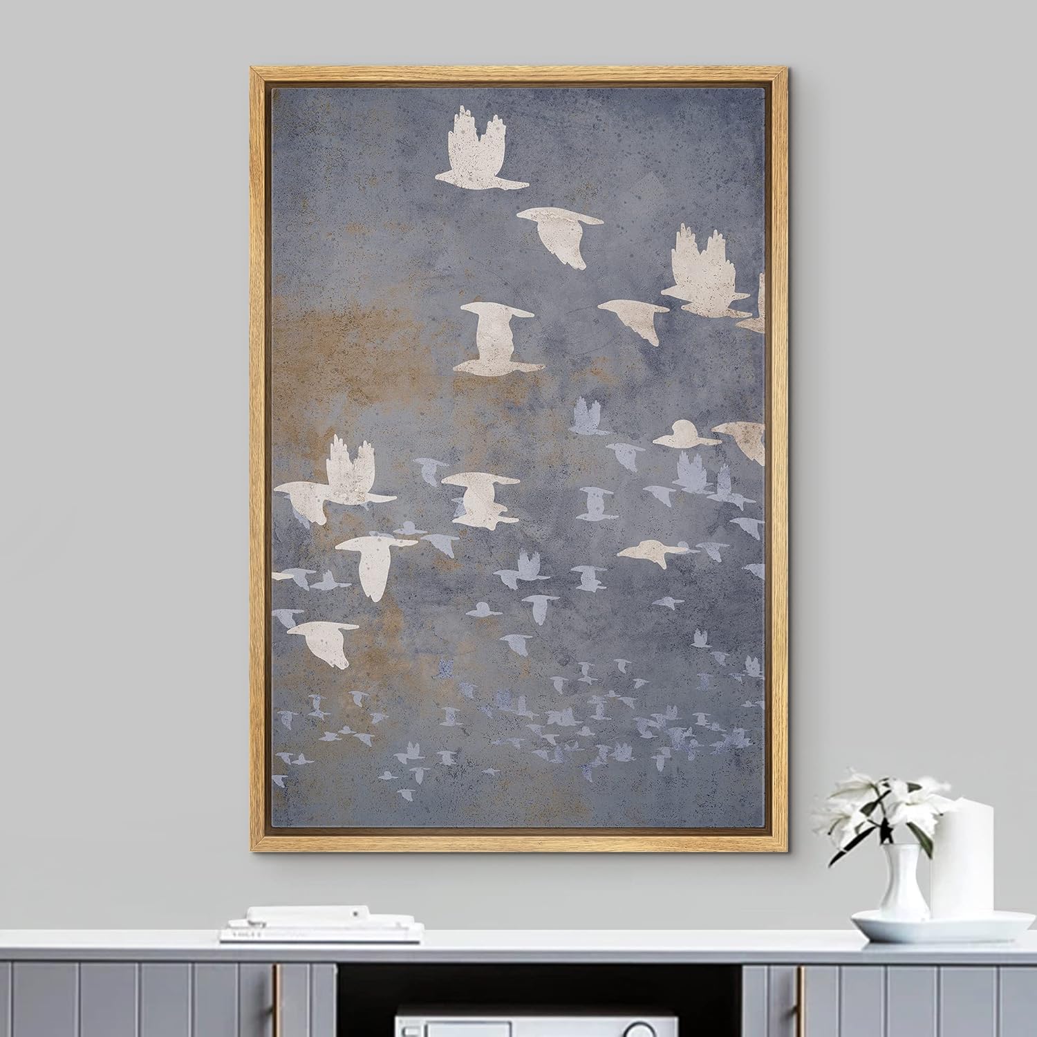 NWT Framed Canvas Print Wall Art Pastel Flying Bird Collage Nature Wilderness Illustrations Modern Art Decorative Landscape Rustic Zen Colorful for Living Room, Bedroom, Office - 24"x36" Natural
