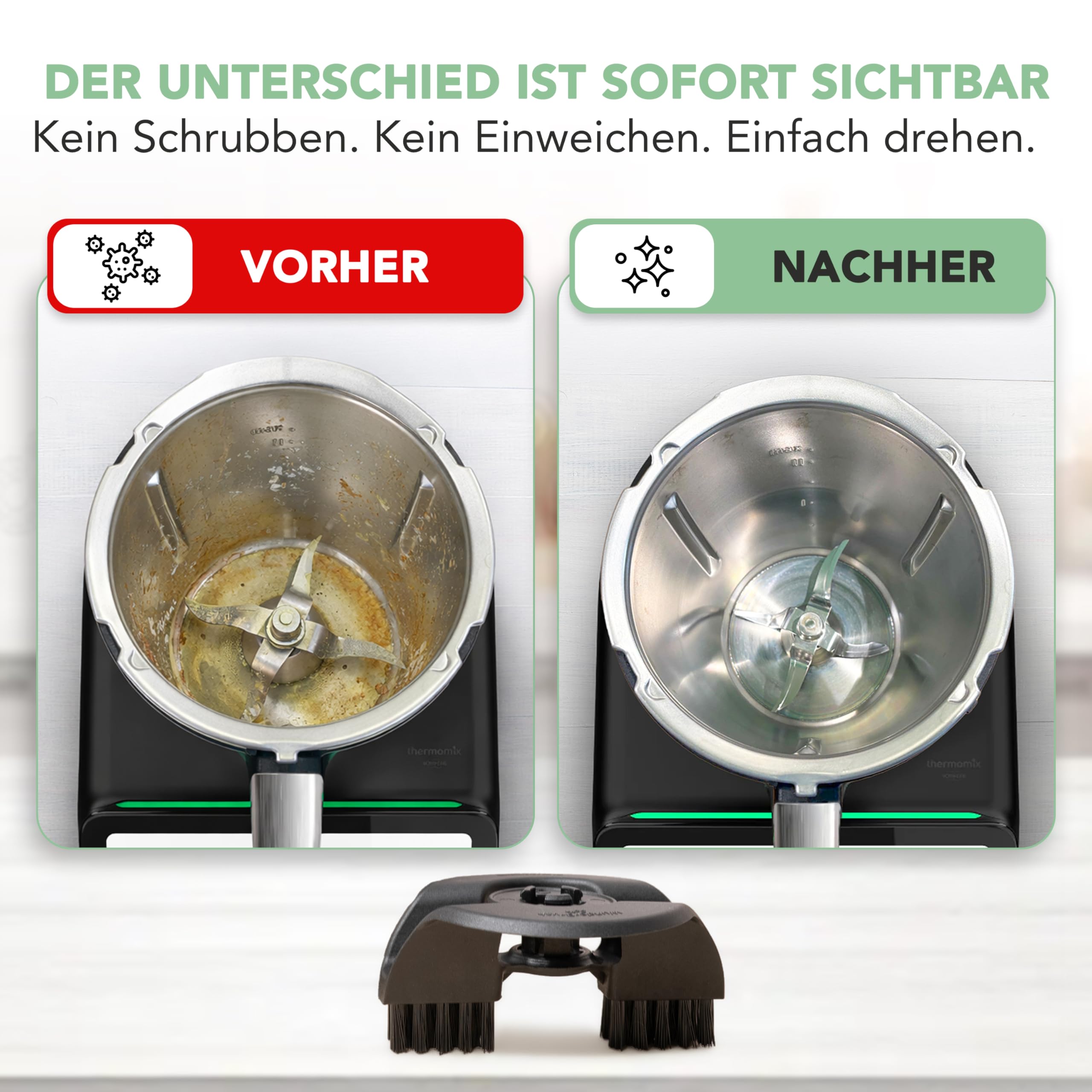 Wundermix WunderBrush® Spin Reinigungsbürste für Thermomix TM7 TM6 TM5 – Mixtopf-Bürste gegen Fett, Teigreste und Eingebranntes, spülmaschinengeeignet, mit Klickverschluss, Kunststoff schwarz