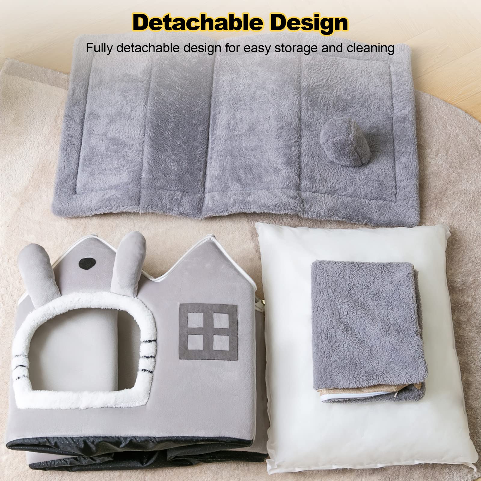 Galatée Lit De Grotte pour Chat, Igloo Chaud Et Confortable pour Chat en Peluche, Lit pour Chien Lavable avec Coussin d'oreiller Amovible, Améliore Le Sommeil, Maison De Chat Pliable(M, Gris)