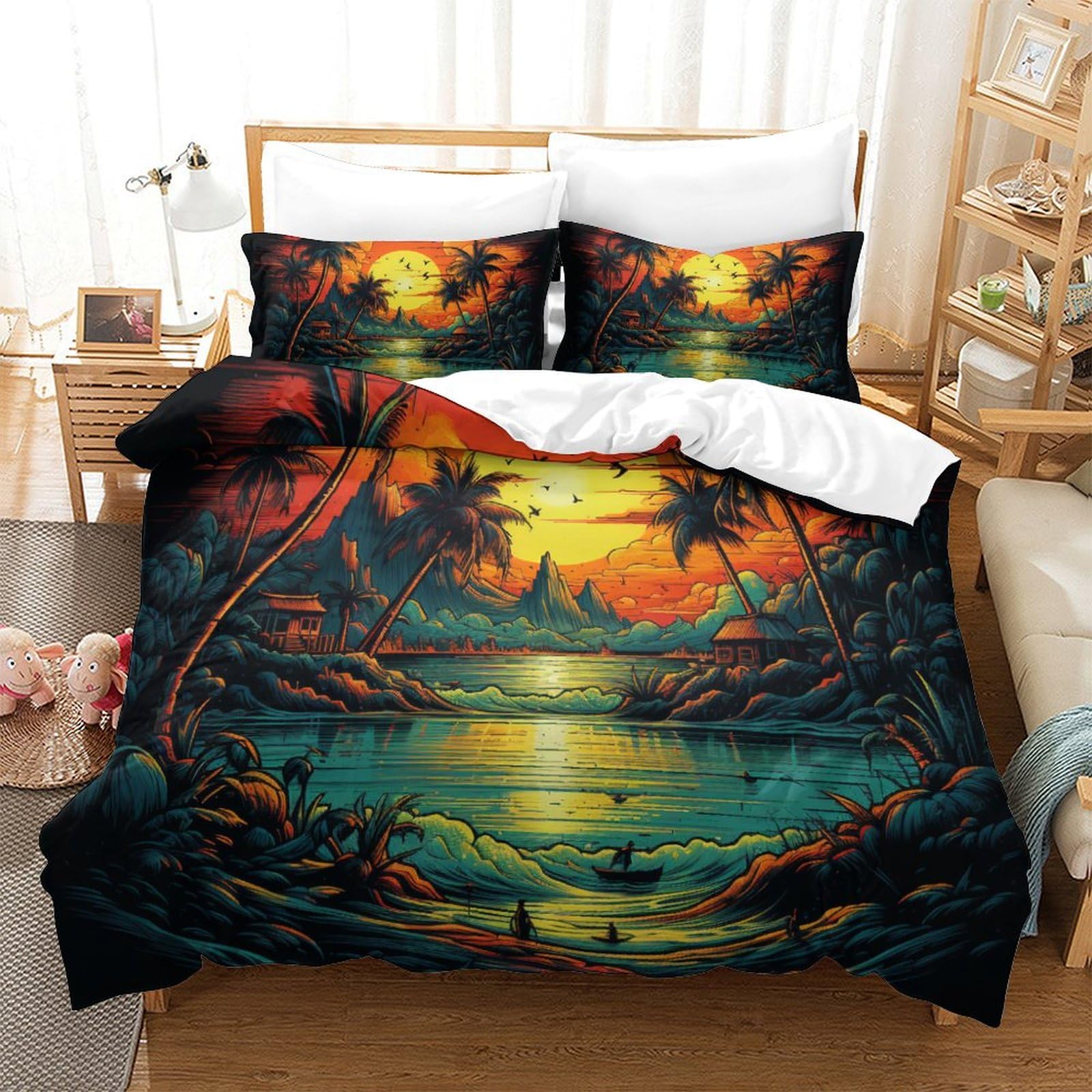 Linge de lit super king motif plage 3D en microfibre premium