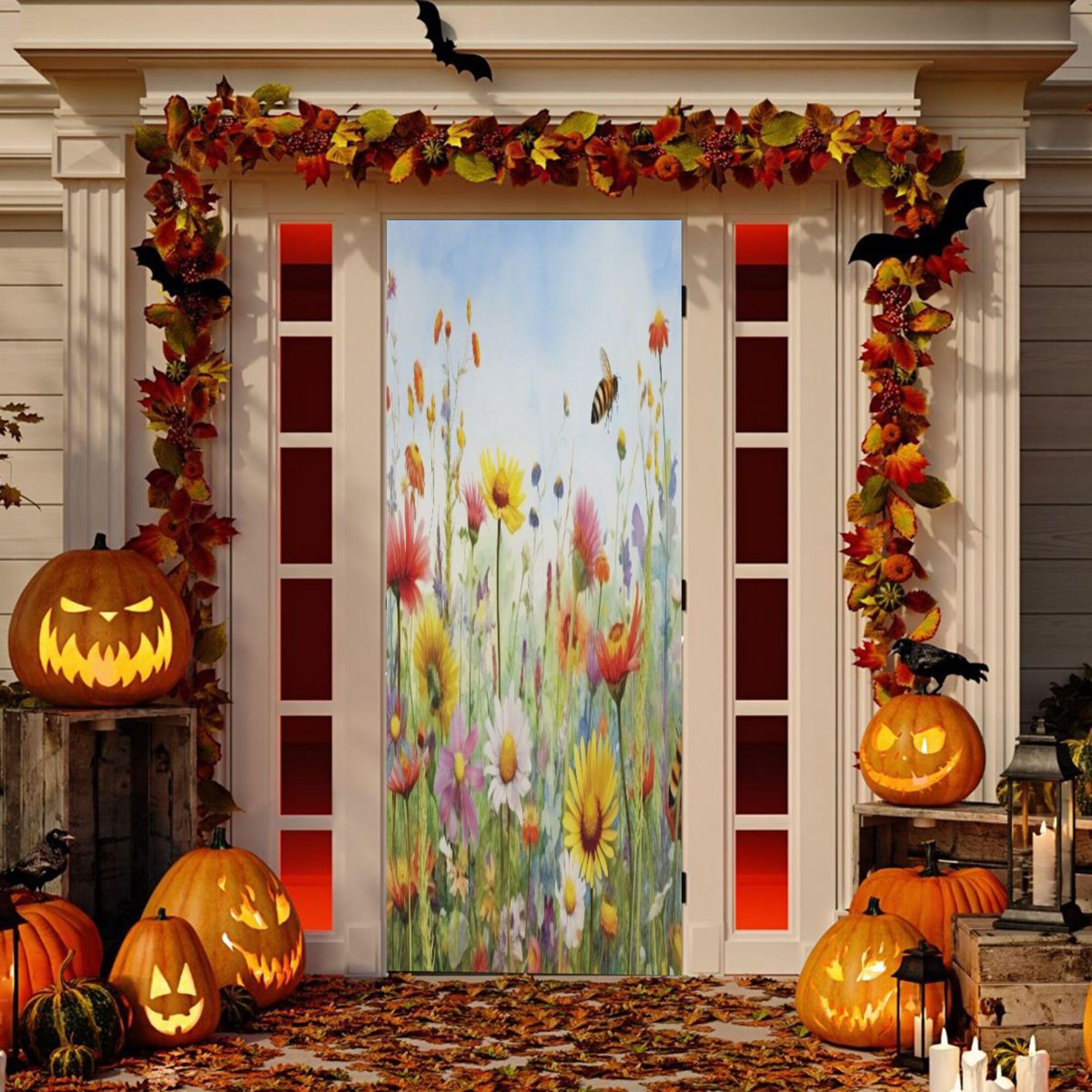 Housse de porte en tissu élastique très extensible à motif abeilles 89x200
