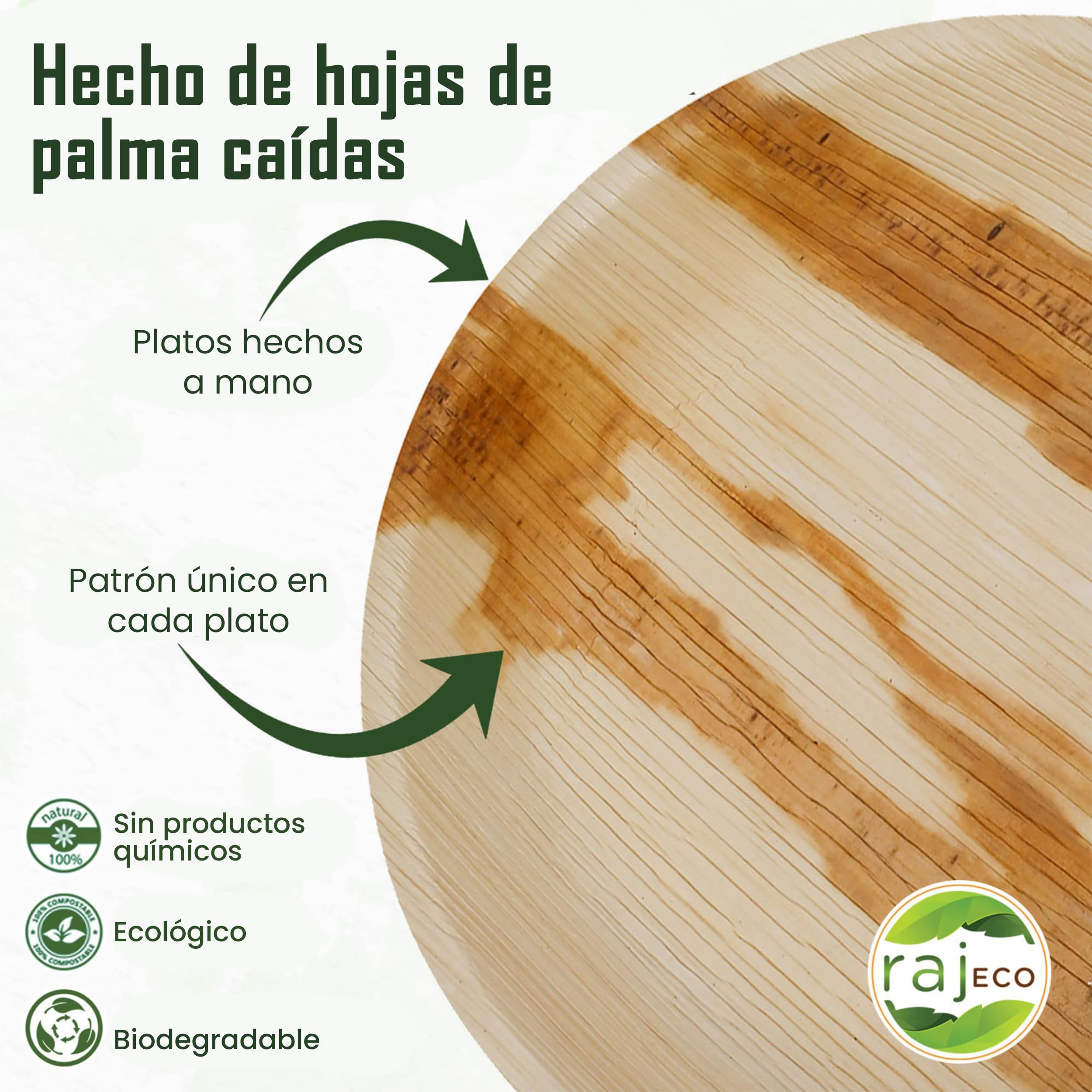Raj Platos de Hoja de Palma 25 piezas 25 cm redondos | Desechables, resistentes y compostables - Vajilla decorativa para bodas, cumpleaños, camping, BBQ y picnic