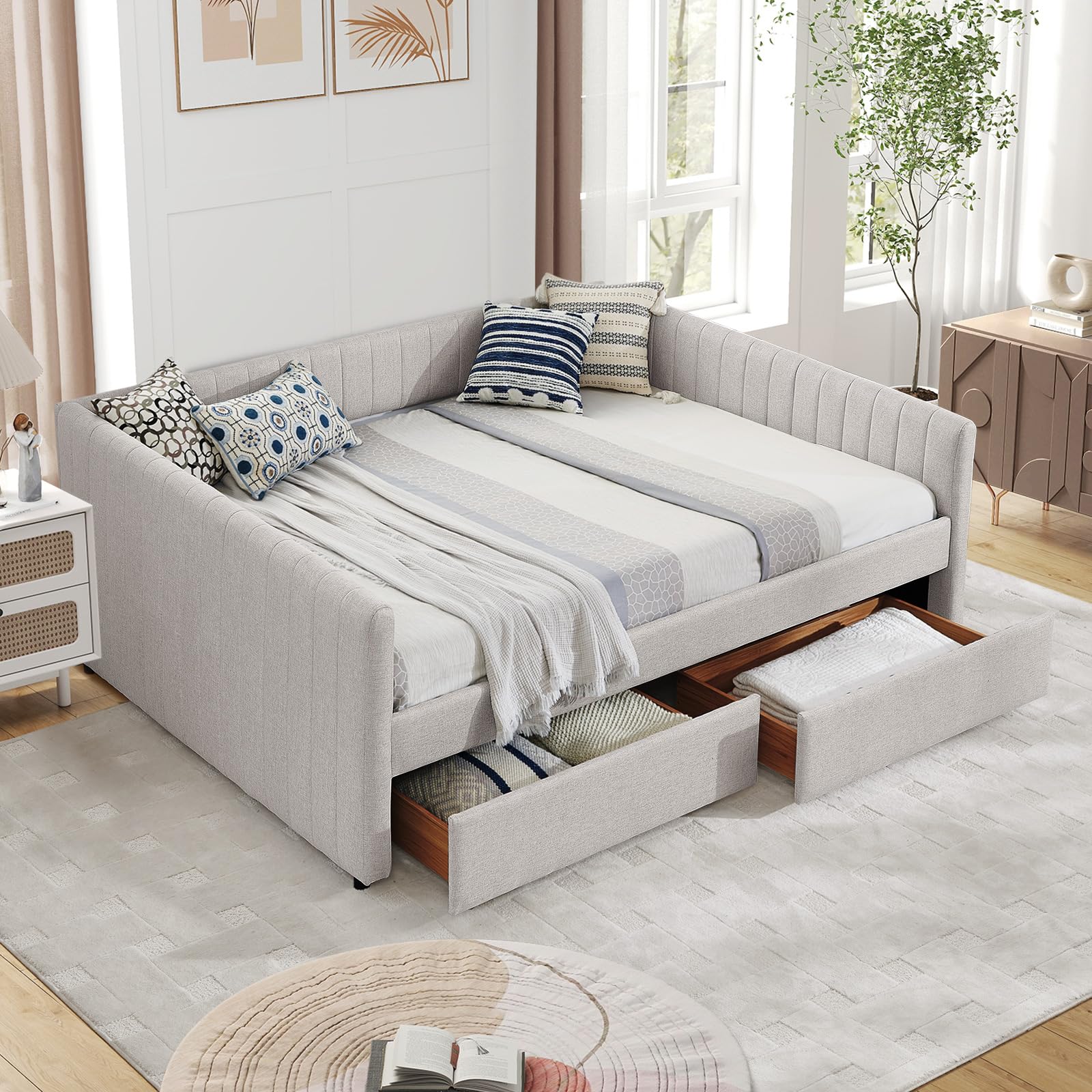 Antetek Daybed with Storage Drawers,Modern Linen Fabric Upholstered Queen Size Day Bed,Sofa Bed Frame Furniture for Bedroom,Living Room, Guest Room,No