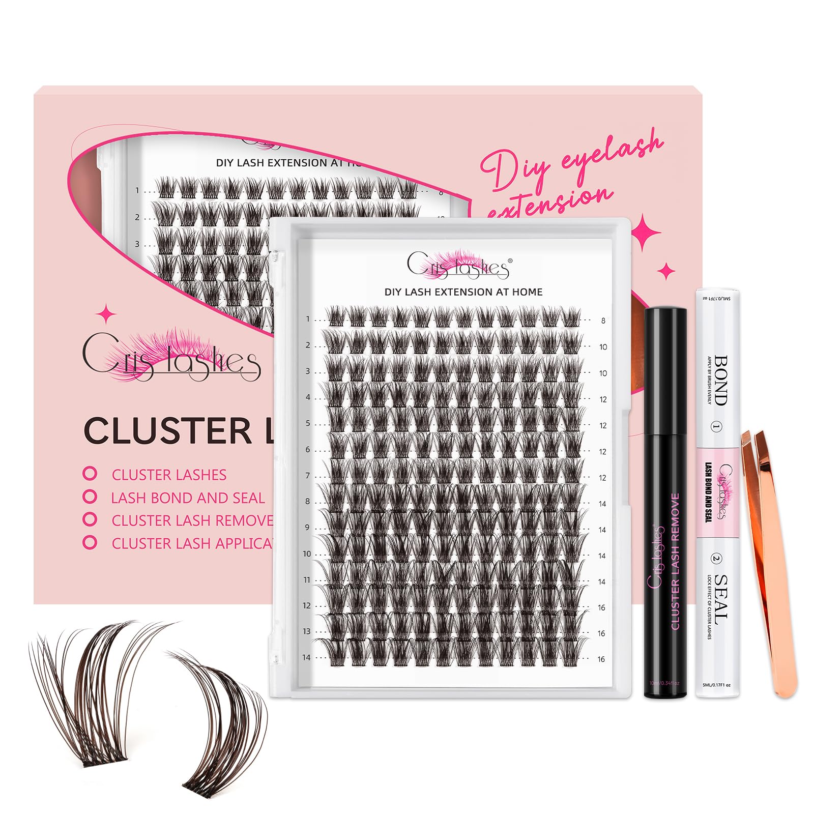 Crislashes marrón Pestañas Postizas Kit, 168Pcs DIY Eyelash Extension colores Mix D Curl 8-16mm con perdurable pegamento y sellador pinzas de pestañas Suave esponjoso y reutilizable (marrón D-8-16mm)
