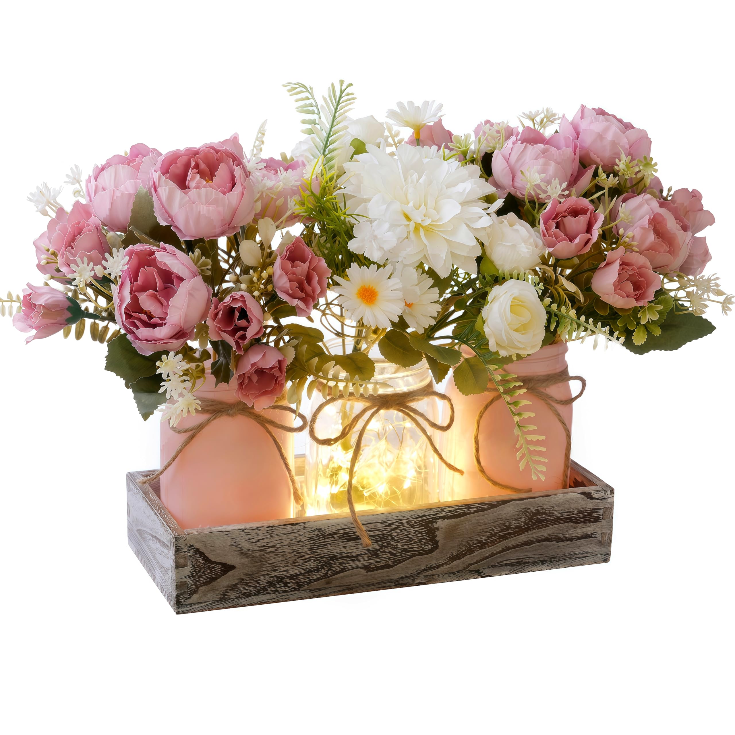 Photo 1 of Artificial Spring Pink Rose Flowers in Mason Jars with Rustic Wood Tray