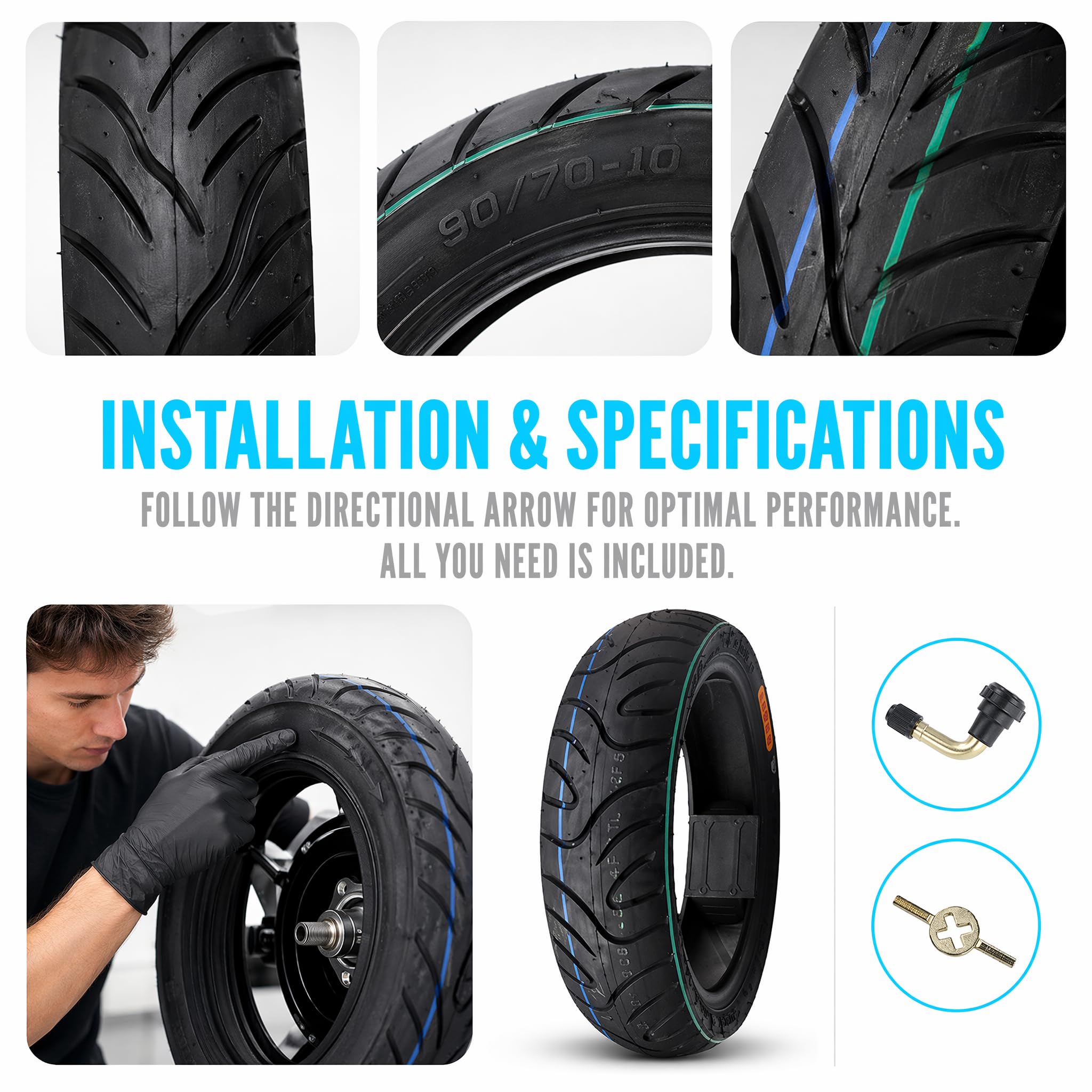 90/70-10 Neumático Sin Cámara para Scooter, 90 70 10 Neumáticos Neumáticos 4PR 225kPa 33J para Rueda Delantera o Trasera de Scooter Eléctrico