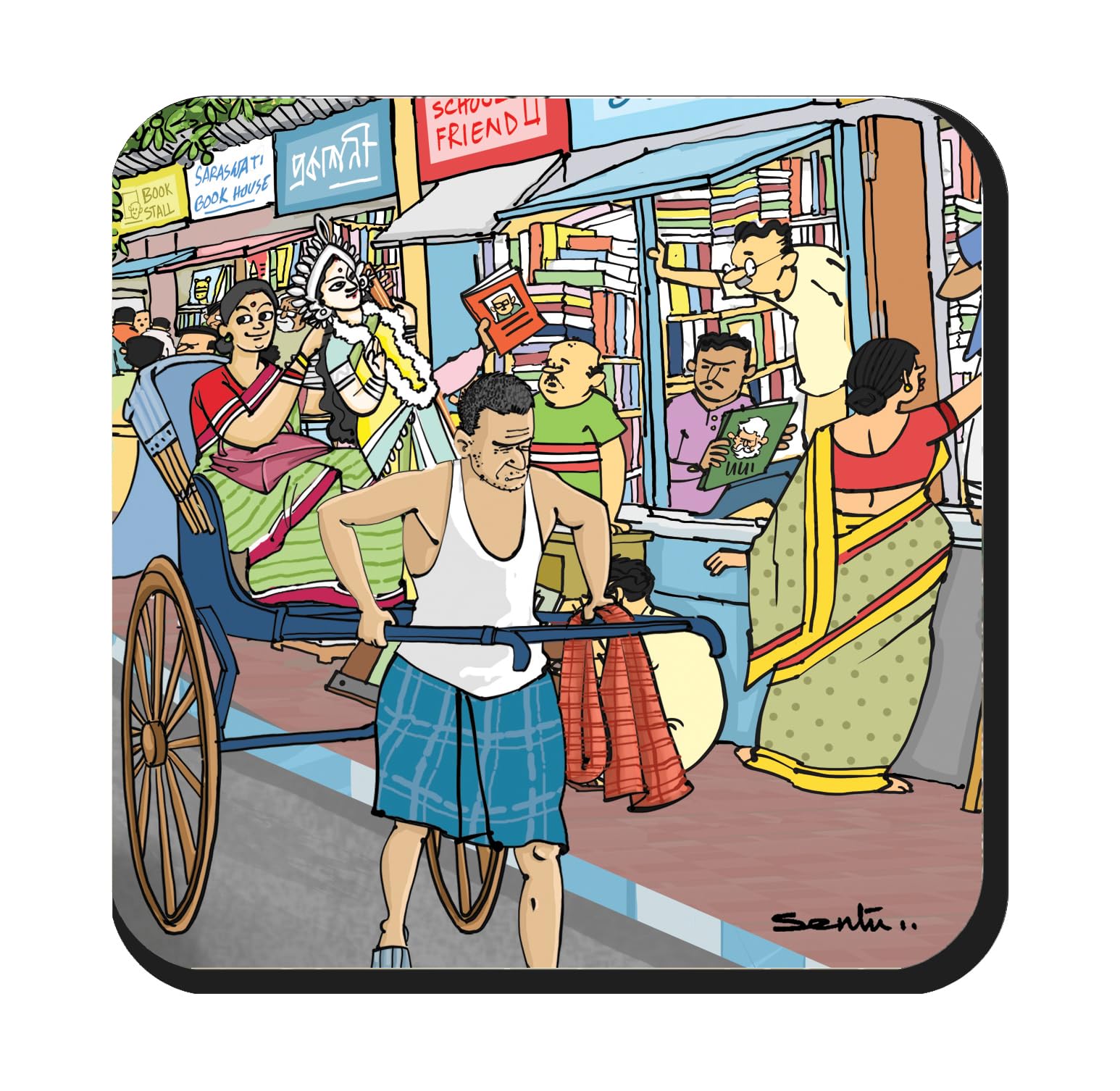 Kolkata Saraswati Puja Street Scene Art Printed Square Coaster Bengali Illustration 4x4 Inch Premium Table Coaster Bengali Culture Lovers Home Décor Set of 2-image-5