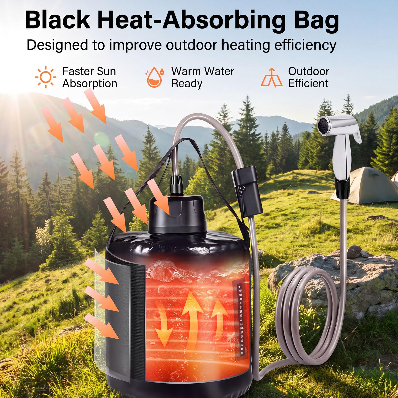 Douche de Camping Portable, Pompe à air Rechargeable de 20 l, Douche de Camping, Chauffage Solaire, airbag de sécurité en PVC Noir, thermomètre, Convient pour la Plage, Le Camping, la