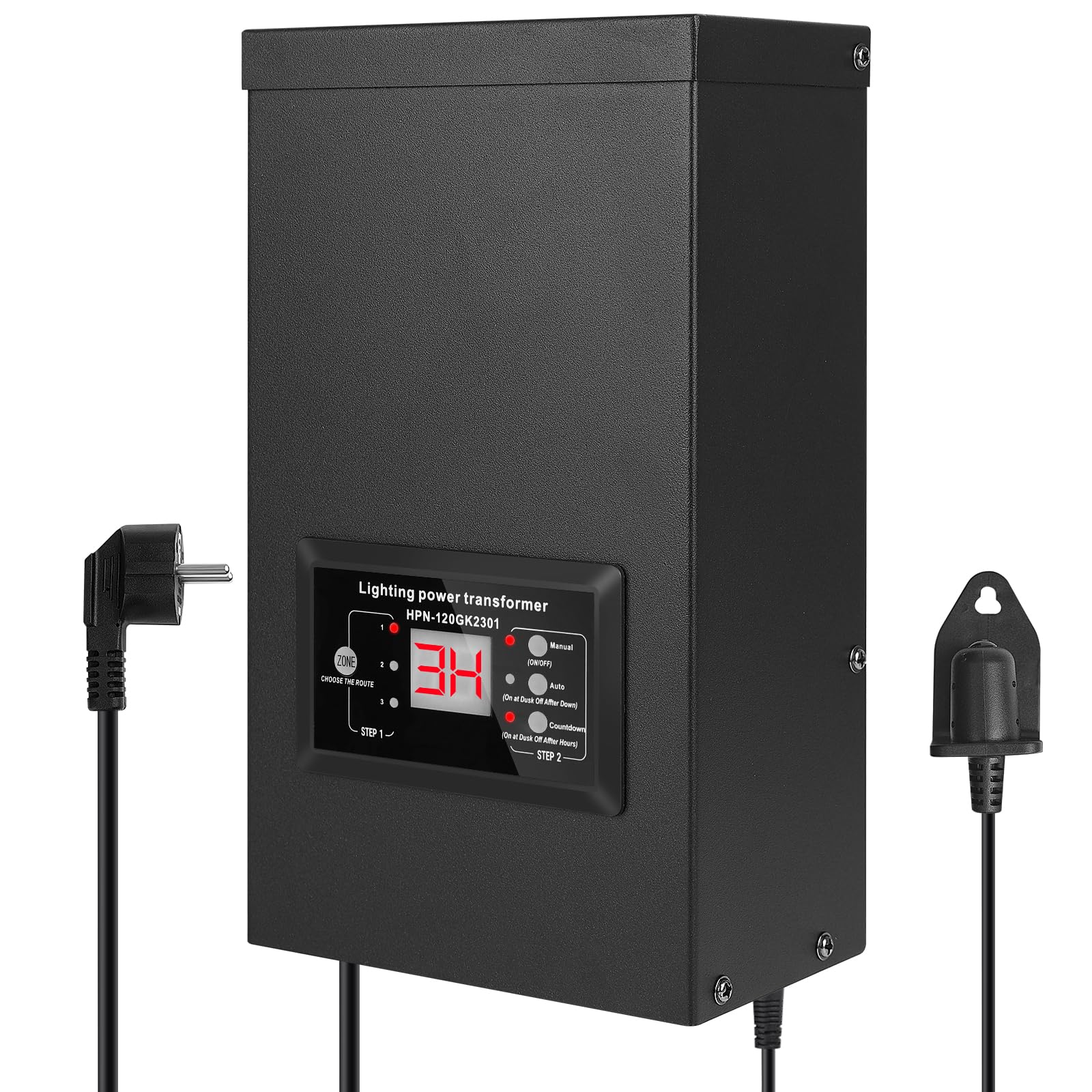 COOLWEST 120W Transformateur 220V 12V AC avec Capteur de Lumière, Alimentation 10A Extérieur avec Fiche, Transfo LED avec Minuterie pour Eclairage de Jardin, Halogène MR16 GU5.3, Eclairage de Piscine
