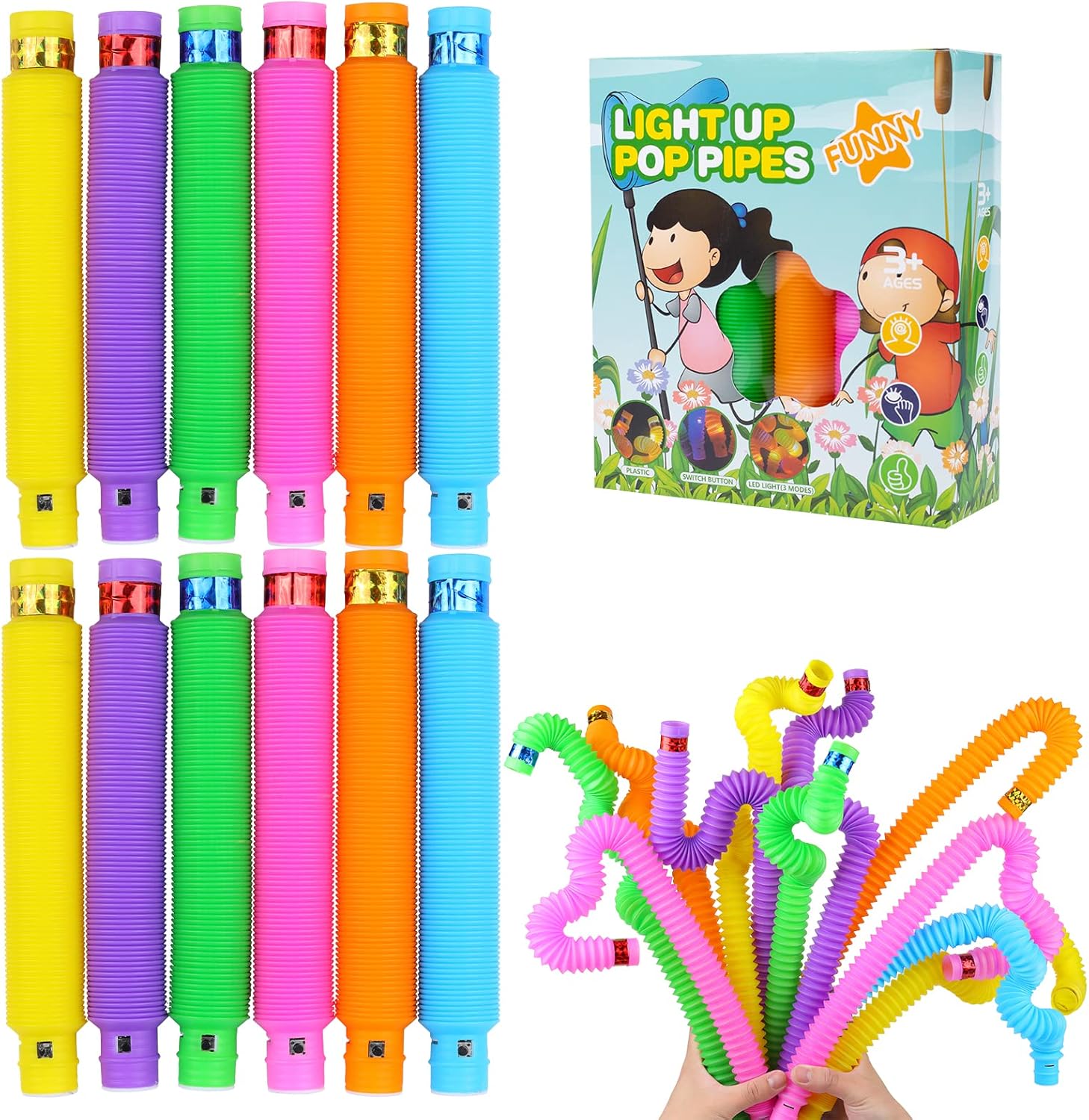 Light Up Pop Fidget Tubes: Glow Sensory Tube Stretch Toys for Kids Party Favors - Mini Plastic Pull Tubes Bulk with LED Lights Glowing Stick in the Dark (12 Pcs) - Image 8