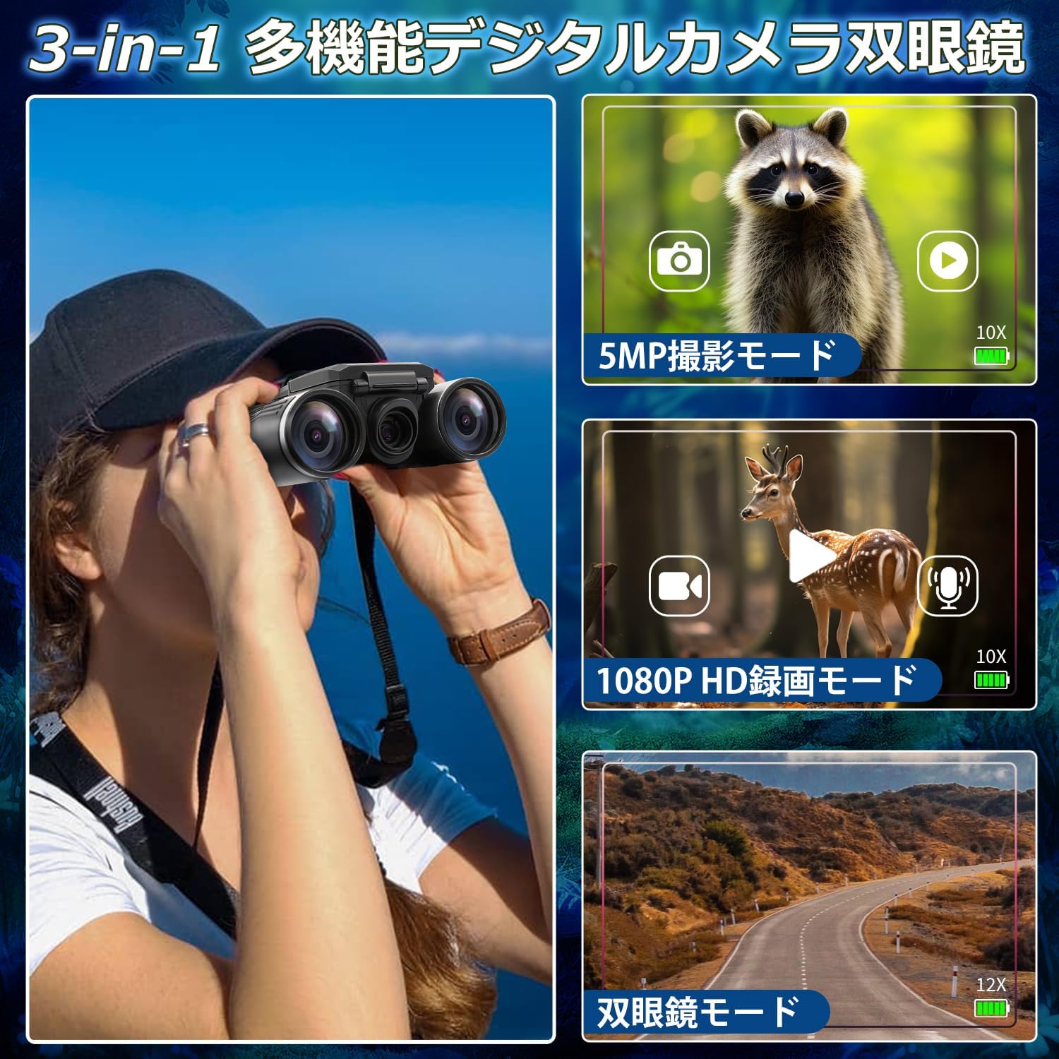 双眼鏡カメラ デジタルカメラ双眼鏡 12倍 口径32mm 高倍率 5MP フルHD1080P 2.0 LCDディスプレイ 撮影 録画機能付き 双眼鏡ビデオカメラ32GBSDカード USB充電式 デジタル望遠鏡 コンサート ライブ バードウォッチング ゴルフ 競輪競馬競艇レース スポーツ観戦用 日本語取扱説明書付き 【日本語説明書】 (12x32)