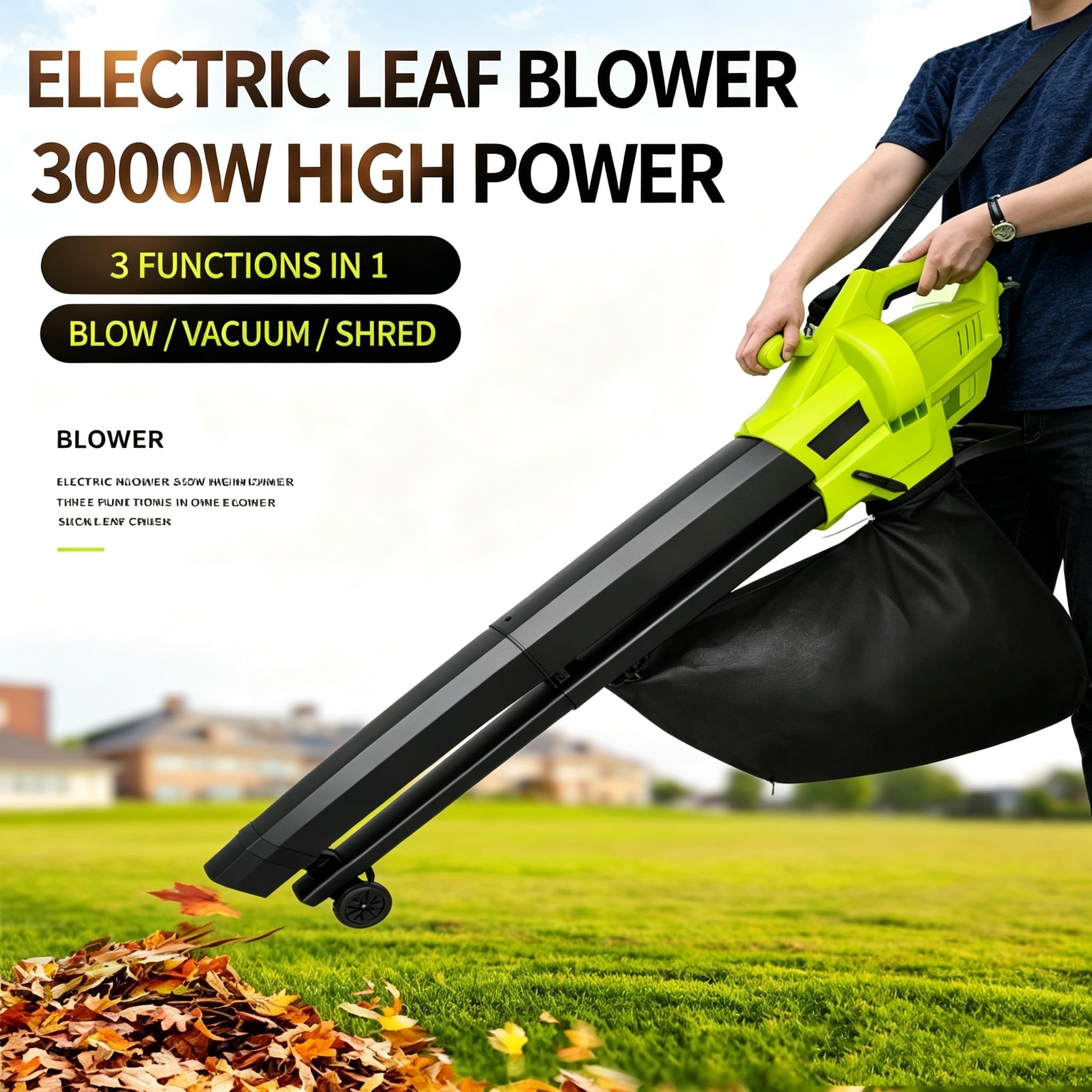 Dmuchawa i Odkurzacz do Liści, Przewodowy Odkurzacz 3000W, z Workiem 40L | Przełączanie Jednym Przyciskiem 3000W, Podwójna Funkcja Dmuchania i Zasysania, 9000-14000RPM, Dmuchawa do Liści Ogrodu