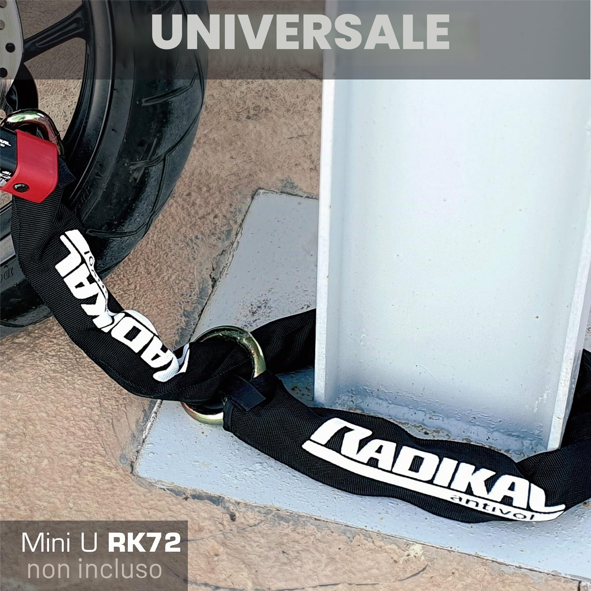 RADIKAL RK14120L - Catena antifurto per moto, alta sicurezza, maglie in acciaio cementato, ø14 mm, 120 cm, anello cravatta, custodia tessile, lucchetto catena ancoraggio garage, contenitori, porte,