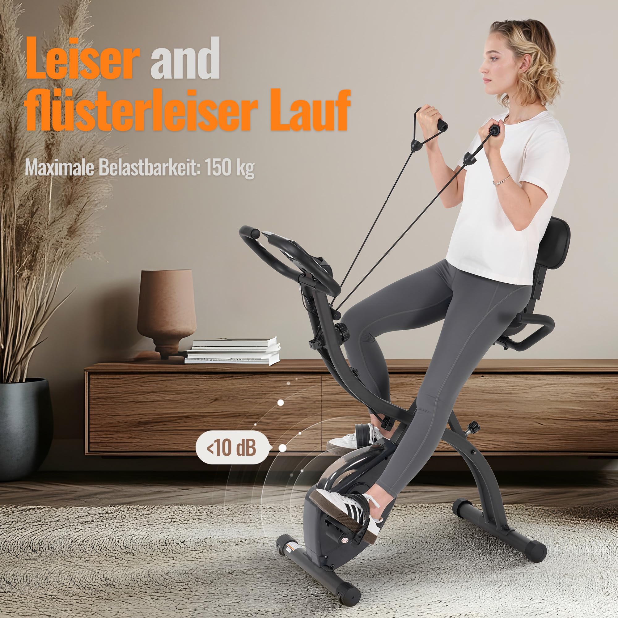 Cyclette pieghevole con resistenza magnetica regolabile a 16 livelli, fasce di resistenza per le braccia, display LCD, schienale, sella ampia, capacità di carico fino a 136 kg