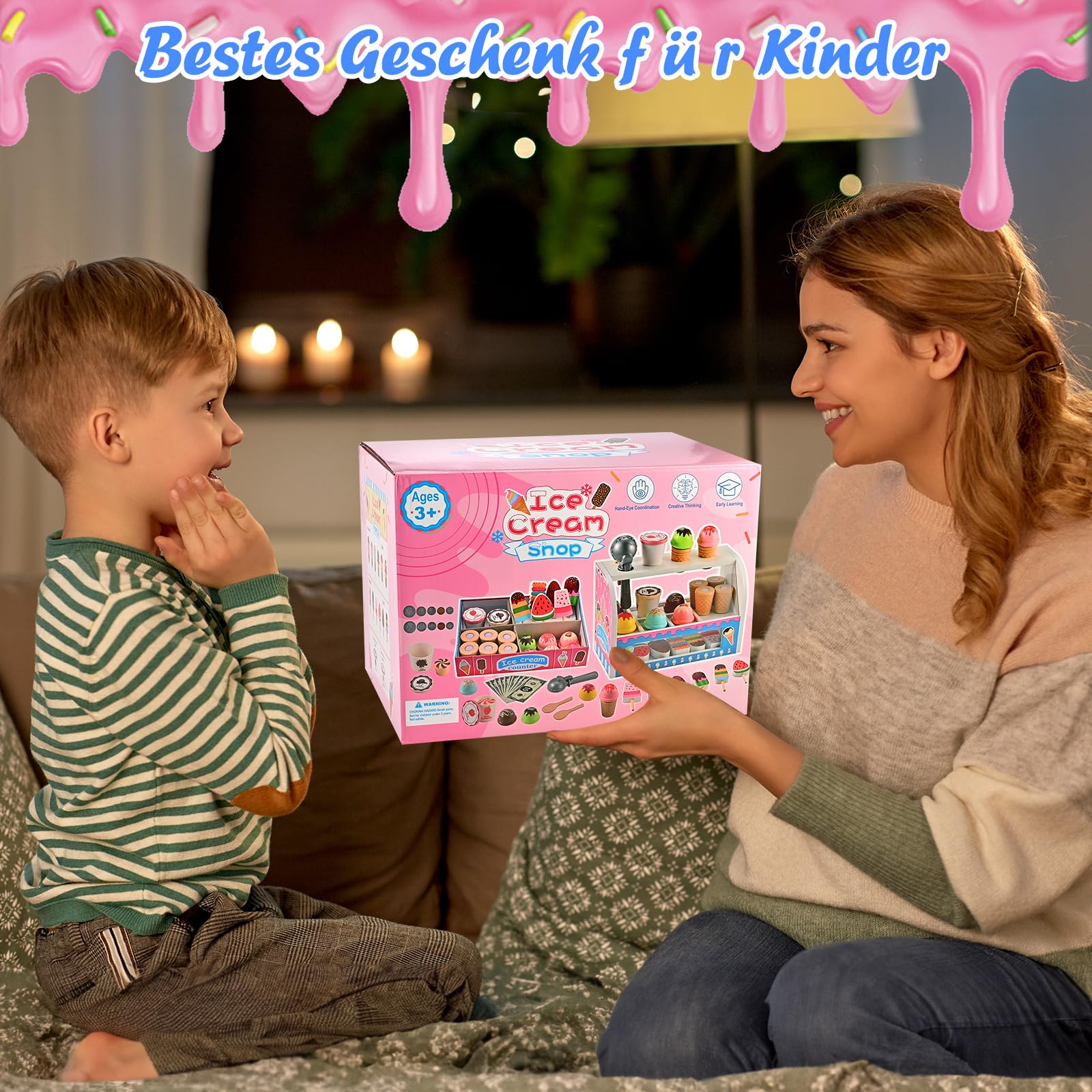 Wooderma Eisdiele Kinder Holz, Kinderküche Zubehör, Eisladen Kinder Holz, Kaufladen Rollenspiele, Holzspielzeug Spielküche Zubehör, Eiscreme Einkaufsladen, Montessori Spielzeug, Geschenk ab 3 Jahren