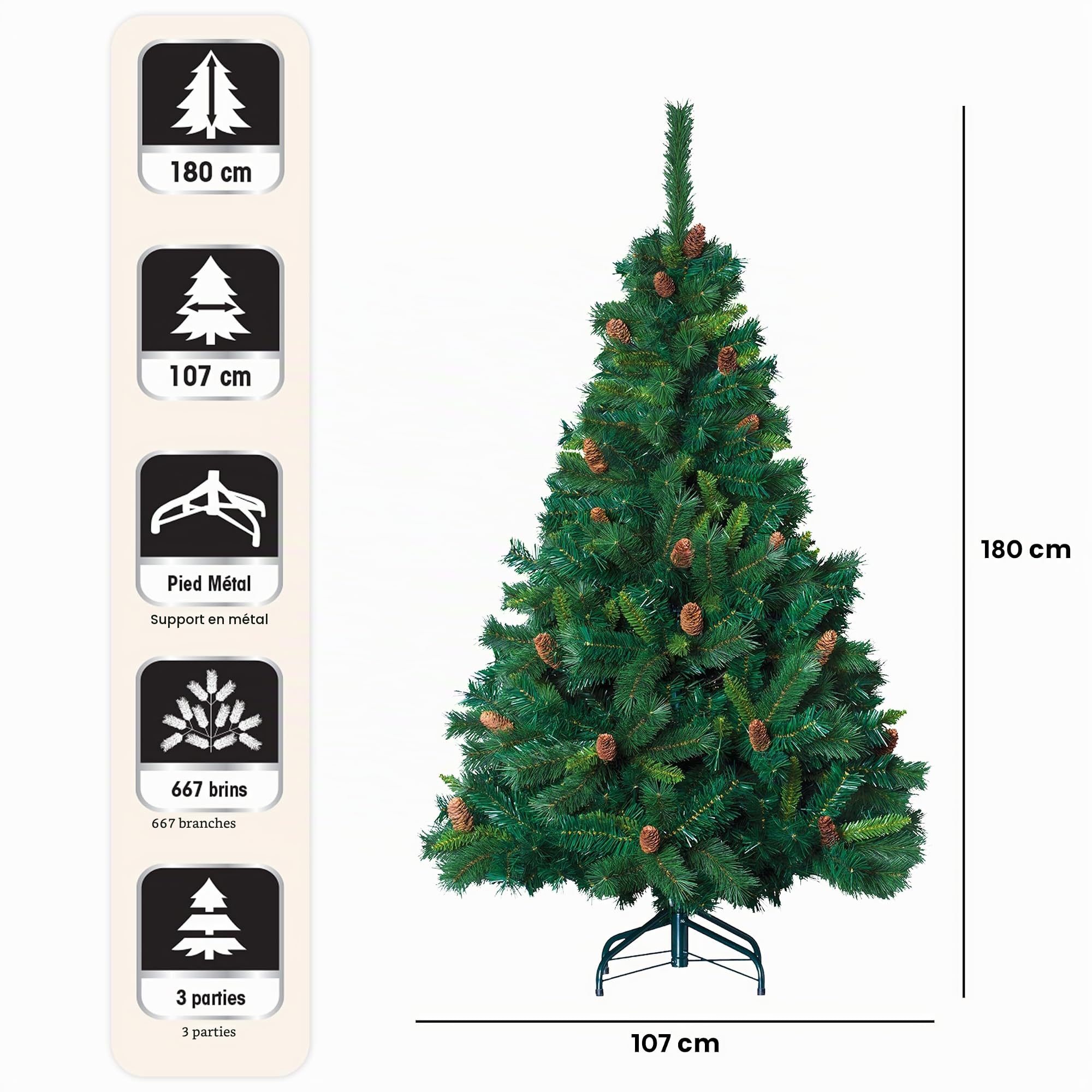 Sapin de Noël artificiel Hauteur 1m80 VERT avec POMME DE PIN - 642 branches - Qualité supérieur