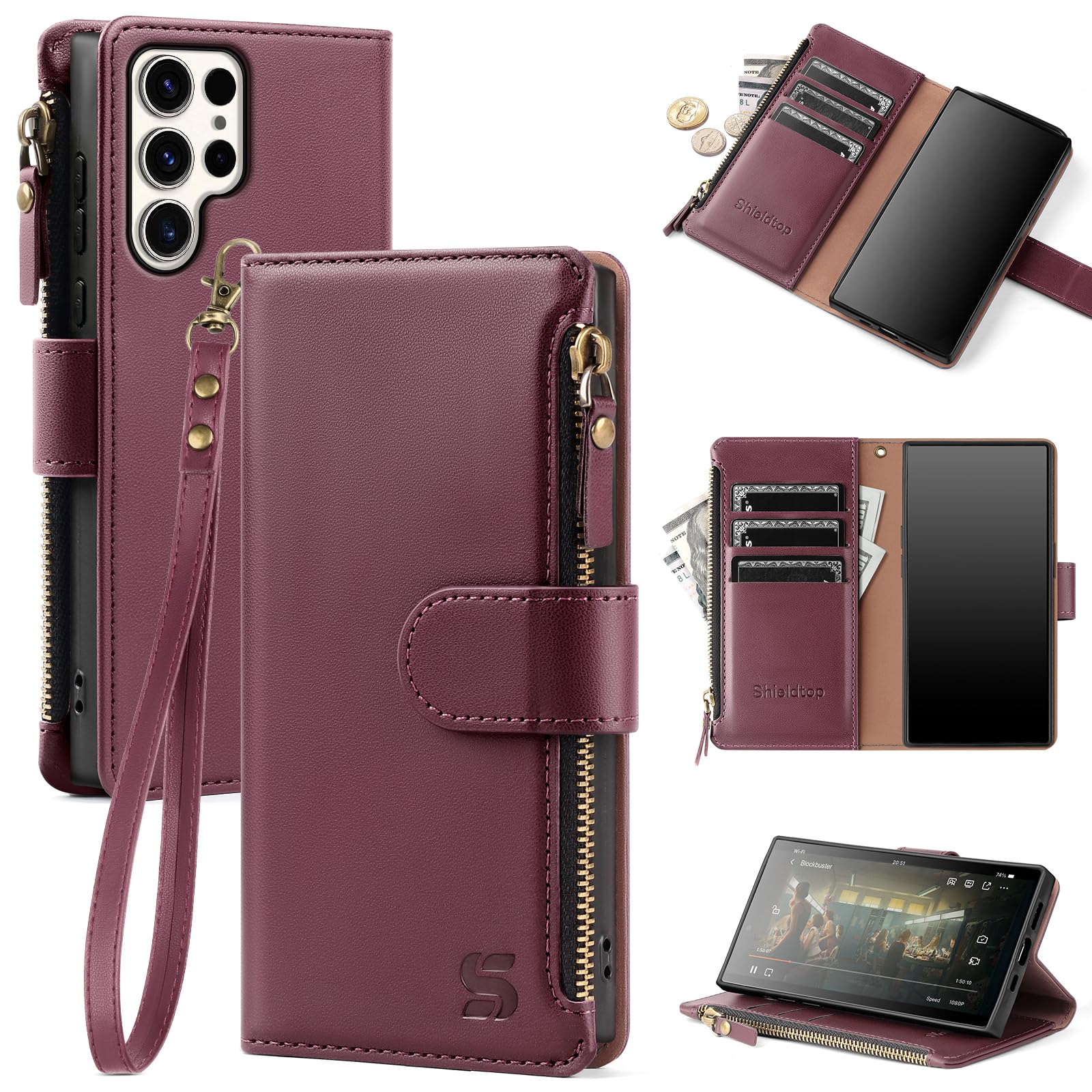 Shieldtop for Samsung Galaxy S23 Ultra 5G Wallet Case with Card Holder Women Men,Galaxy S23 Ultra 5G Phone Case [RFID Blocking] PU Leather Cover Strap Zipper Credit Card Slots,Wine Red