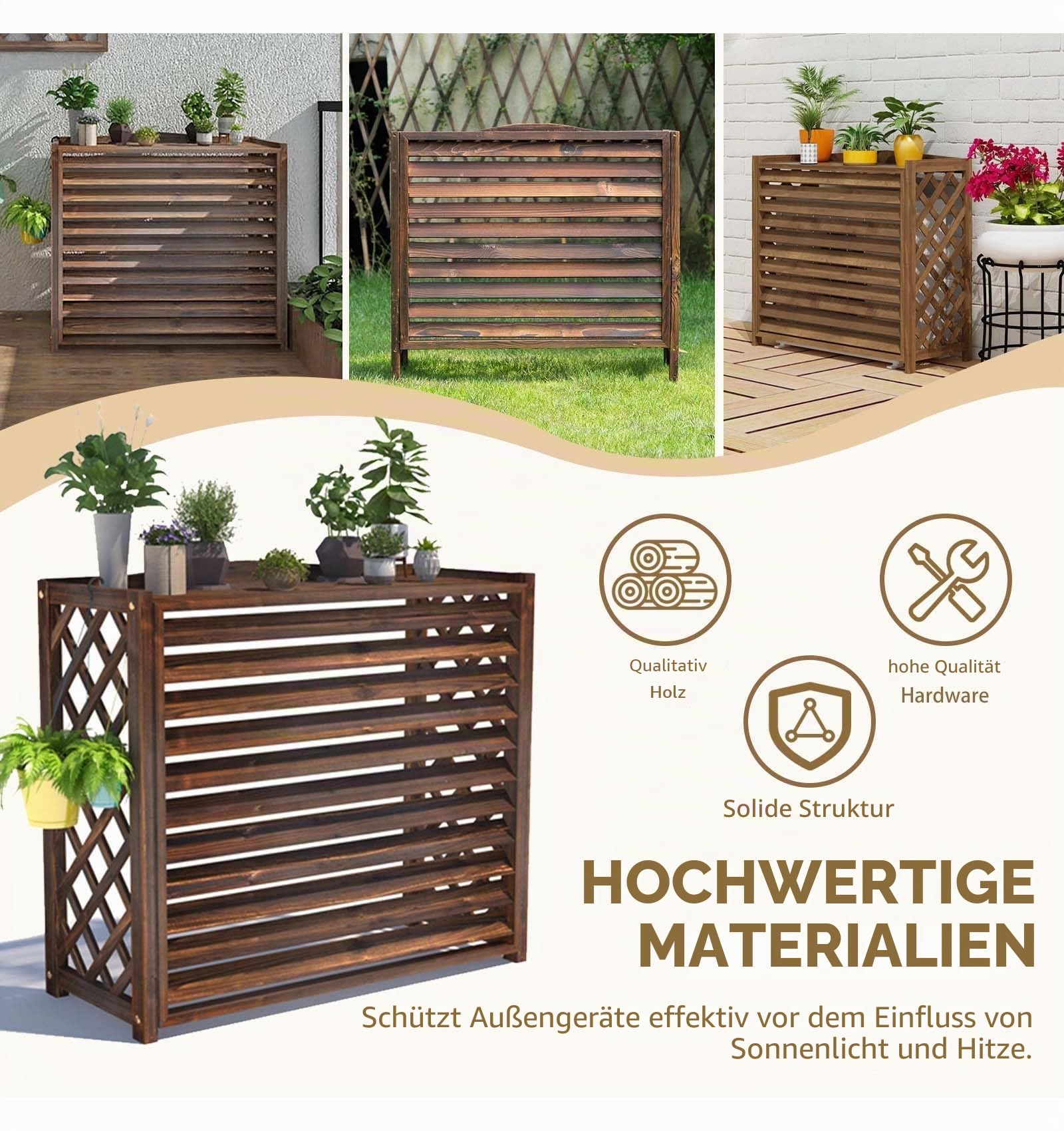 Klimaanlagen Abdeckung Holz Blumenständer Massivholz Klimaanlage Abdeckung Massivholz Klimaanlage Zaun Bildschirm Sichtschutz Zäune Jalousien Design Wetterfest Karbonisiert(L)