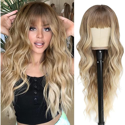 NAYOO Long Blonde Wigs with Bangs for Women Curly Wavy Hair Wigs Heat Resistant Synthetic Fiber Wigs for Daily Party Use 26 Inches (Ombre Blonde)