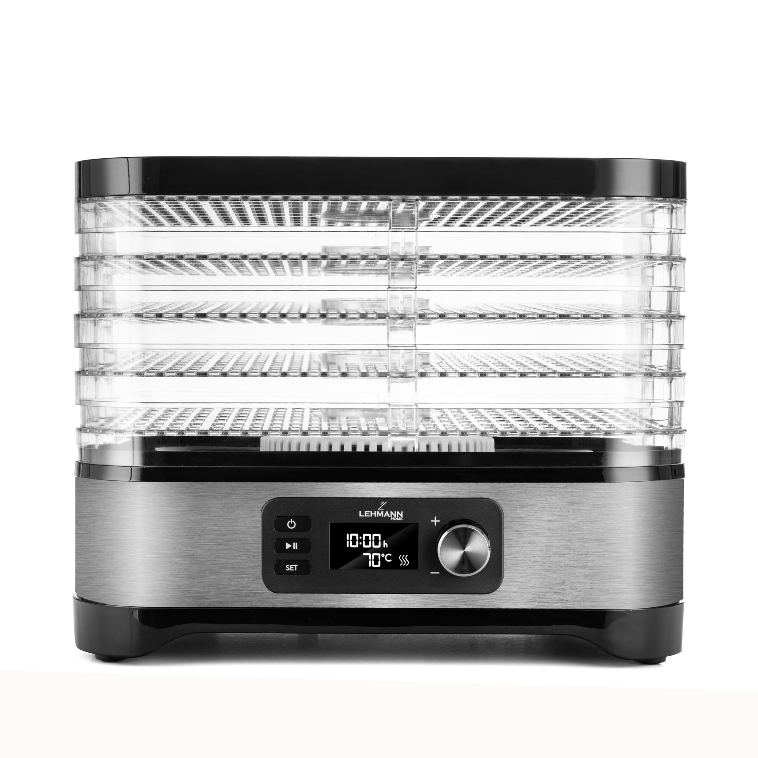 LEHMANN Déshydrateur Alimentaire en Acier Inoxydable, 450 W, 5 Plateaux Réglables en Hauteur, Température Réglable 35-70°C, Minuterie 24 h, sans BPA, pour Champignons, Fruits, Légumes