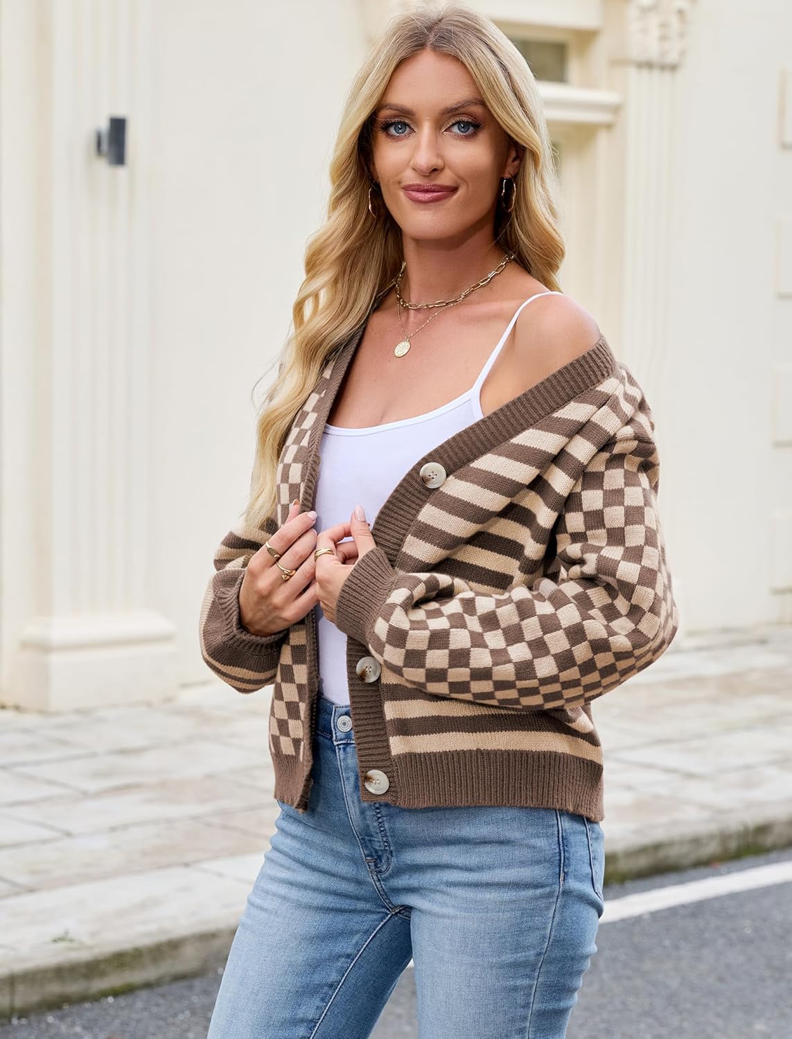 ZAFUL Cardigan Sweaters for Women Trendy Fall 2025 Striped Checkered Button Down Oversized Knit Sweater Outerwear - Image 4