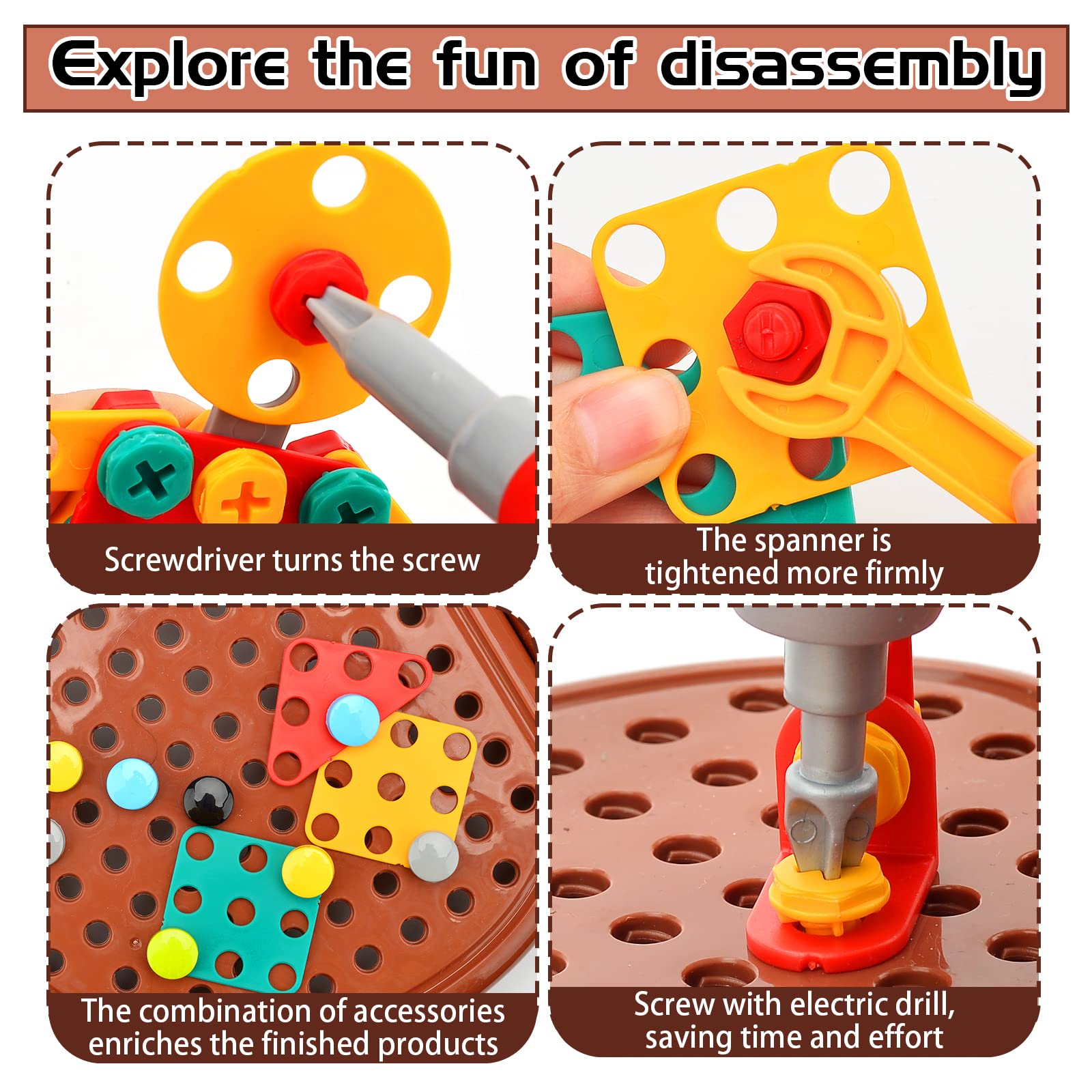 xinrongda Kit de Mosaique Enfant Puzzle 3D, 203pcs Jouet de Montessori Jeu de Construction Éducatif avec Perceuse Électronique, Educatif pour Bricolage Jouet Jeu Fille Garcon 3 4 5 6 Ans (Ours)