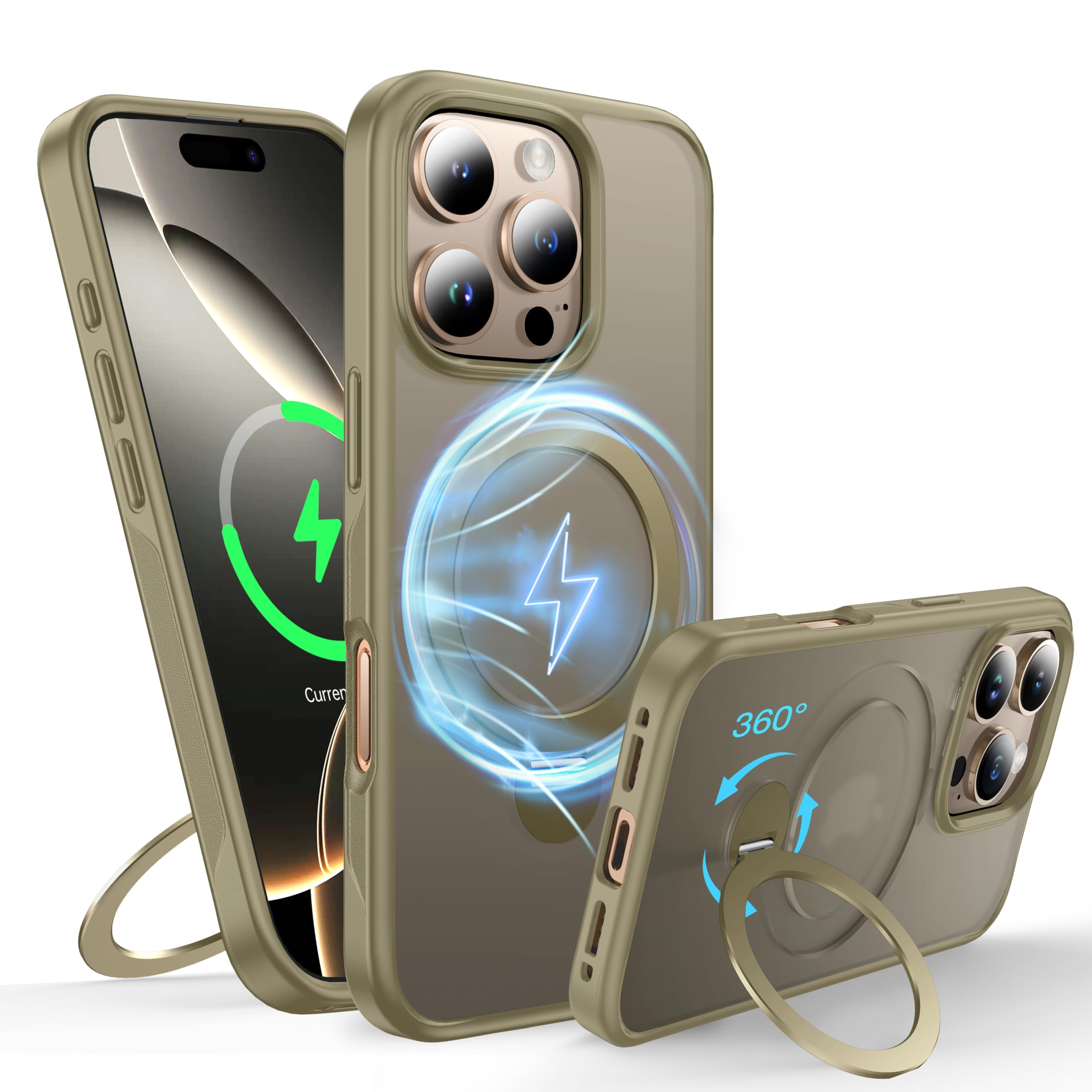 FNDMIL 360°Rotatable Magnetic Ring for iPhone 16 Pro Case Compatible with MagSafe[Non-Slip Edge][Built-in Kickstand][Military Shockproof] Translucent