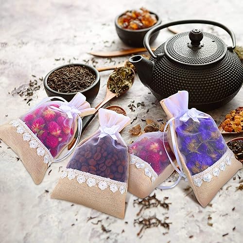 Miniatura 6 de 24 bolsas de arpillera con cordón rosa de 4 x 6 pulgadas, bolsas de encaje de organza de lino con cordón para fiesta, bolsas de joyería para bodas,